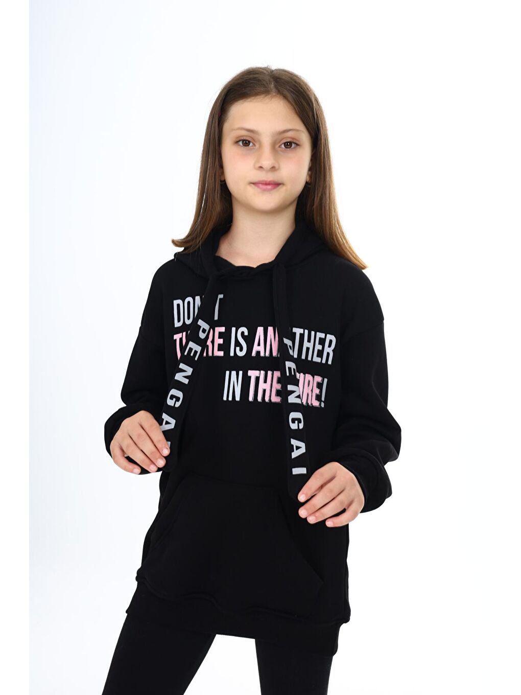 Siyah Yazı Baskılı Polarlı Kız Çocuk Kapüşonlu Sweatshirt 16771-3