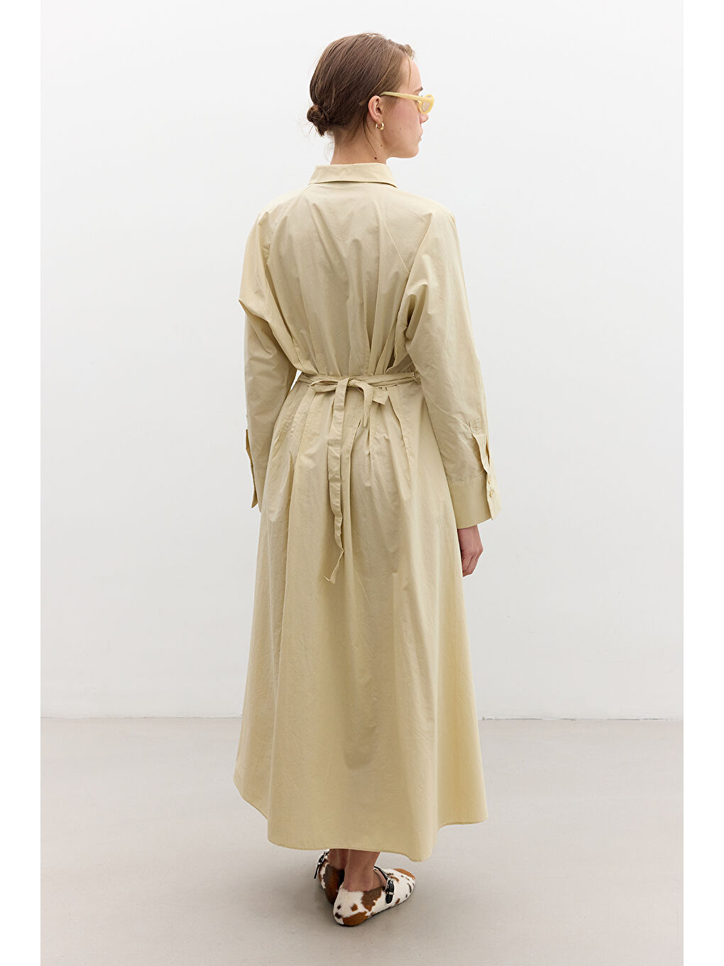 Pile Detaylı Gömlek Elbise Sarı-4