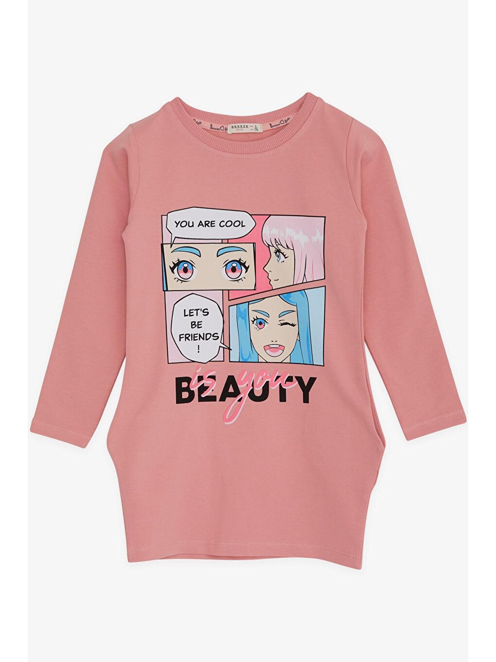 Pembe Kız Çocuk Tunik Havalı Kız Baskılı Pudra (8-11 Yaş)
