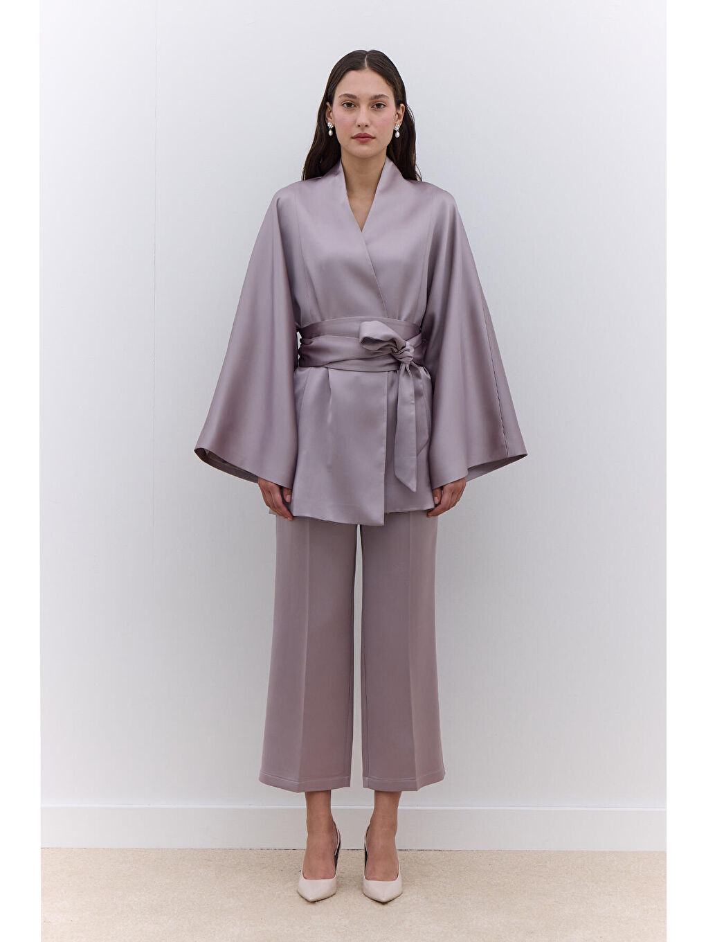 Bej Saten Düz Paça Pantolon Vizon