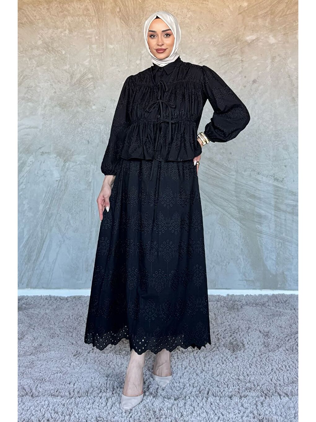 Siyah Kadın Ön Bağlamalı Fistolu Bluz Etek Tesettür İkili Takım