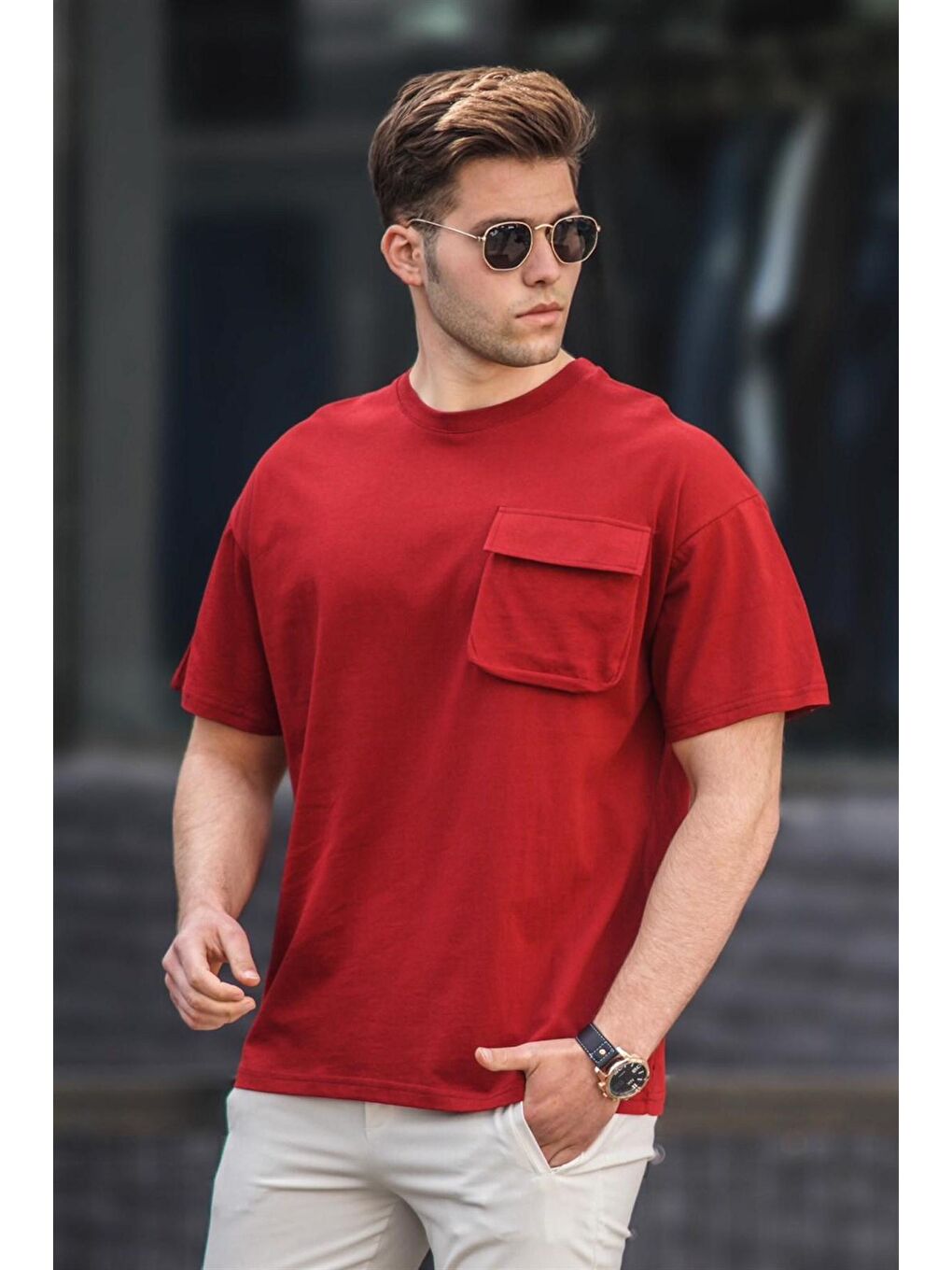 Bordo Erkek Cep Detaylı %100 Pamuk Tişört 5225
