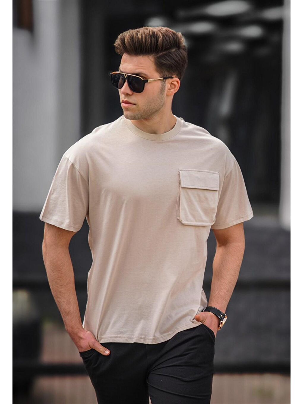Bej Erkek Cep Detaylı Tişört 5225