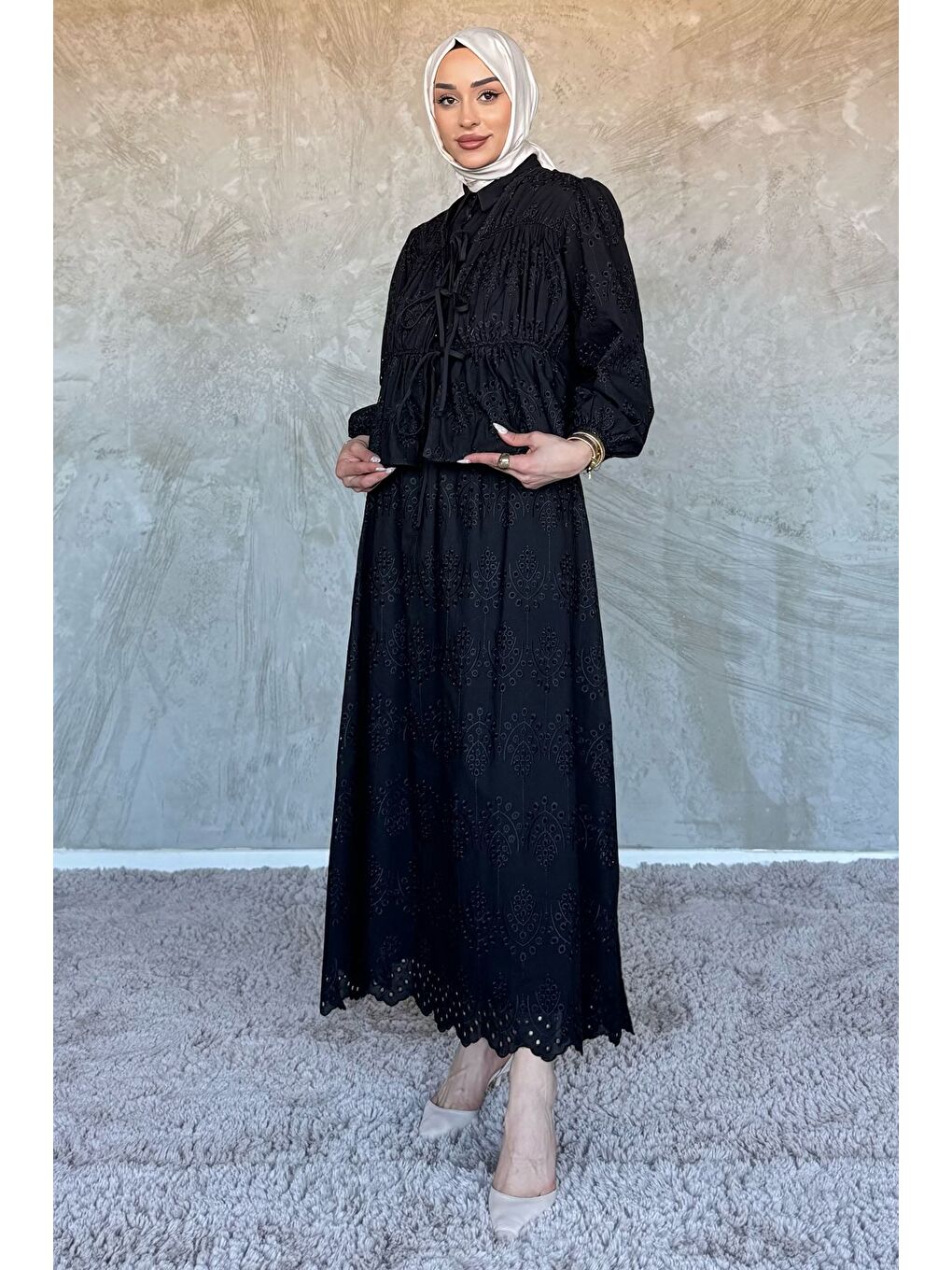 Siyah Kadın Ön Bağlamalı Fistolu Bluz Etek Tesettür İkili Takım-2