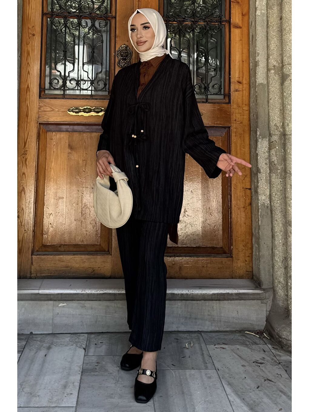 Siyah Ön Bağlamalı Ceket Pantolon Tesettür İkili Takım-1