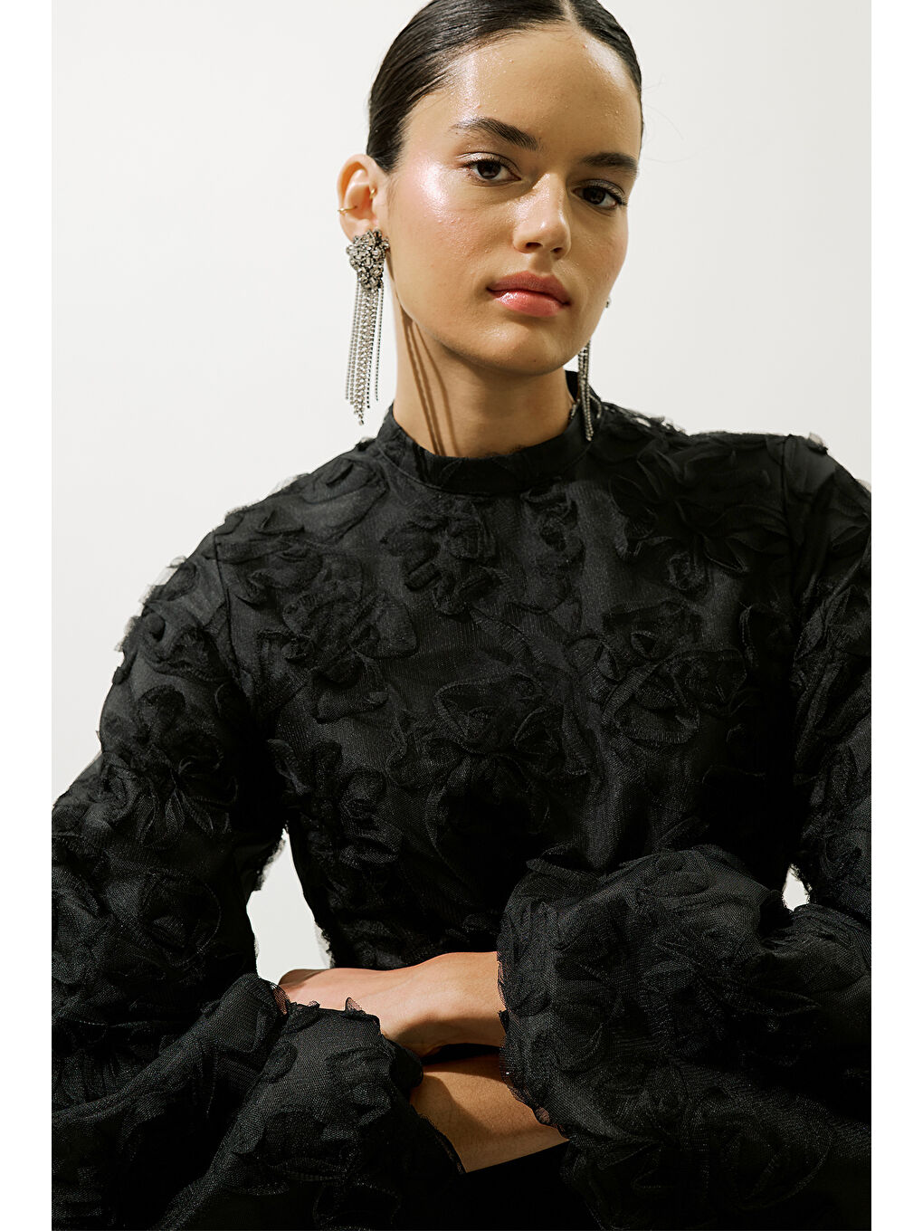 Kabarık Çiçekli Uzun Kol Abiye Elbise Siyah-2