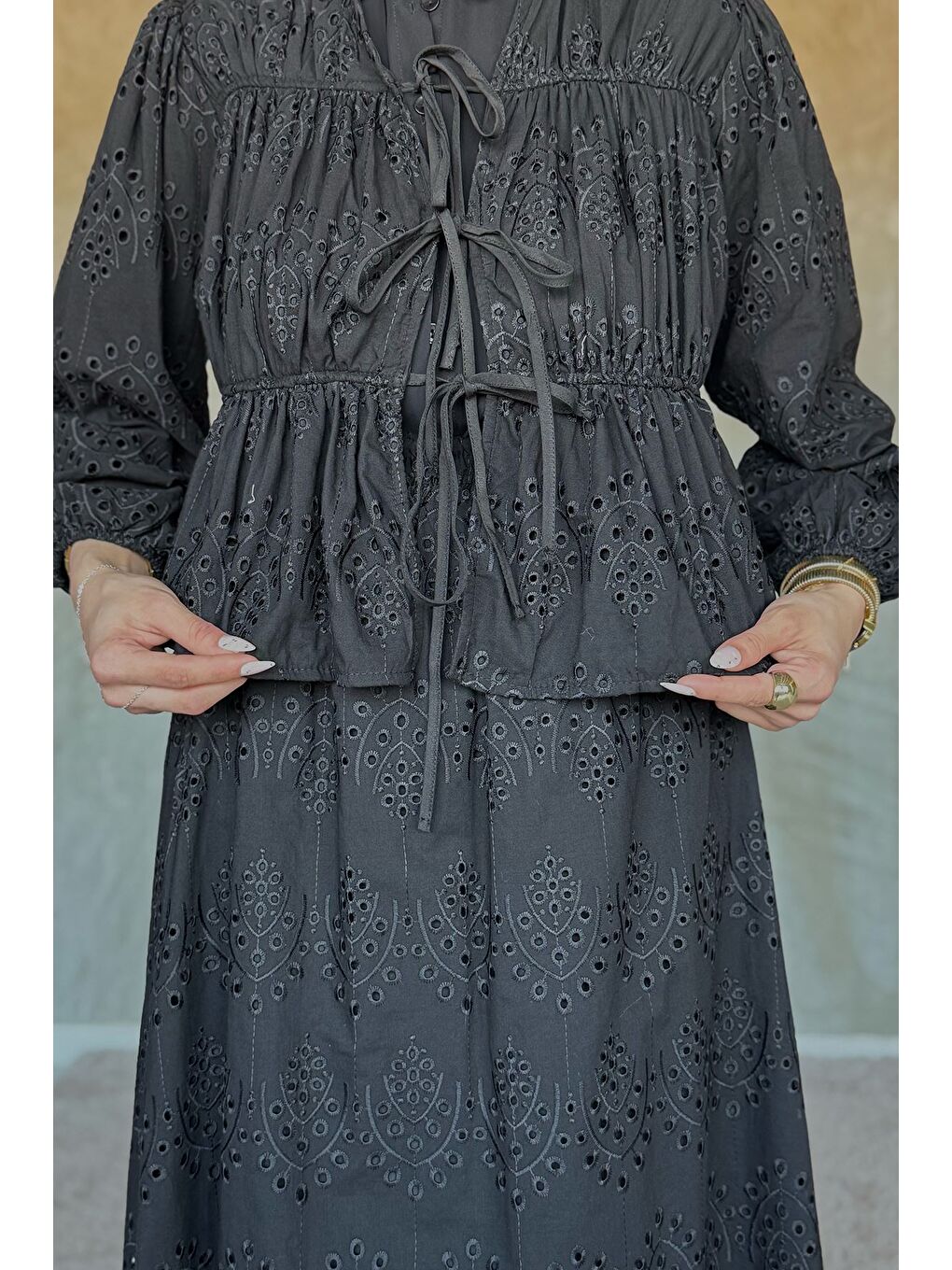 Siyah Kadın Ön Bağlamalı Fistolu Bluz Etek Tesettür İkili Takım-4