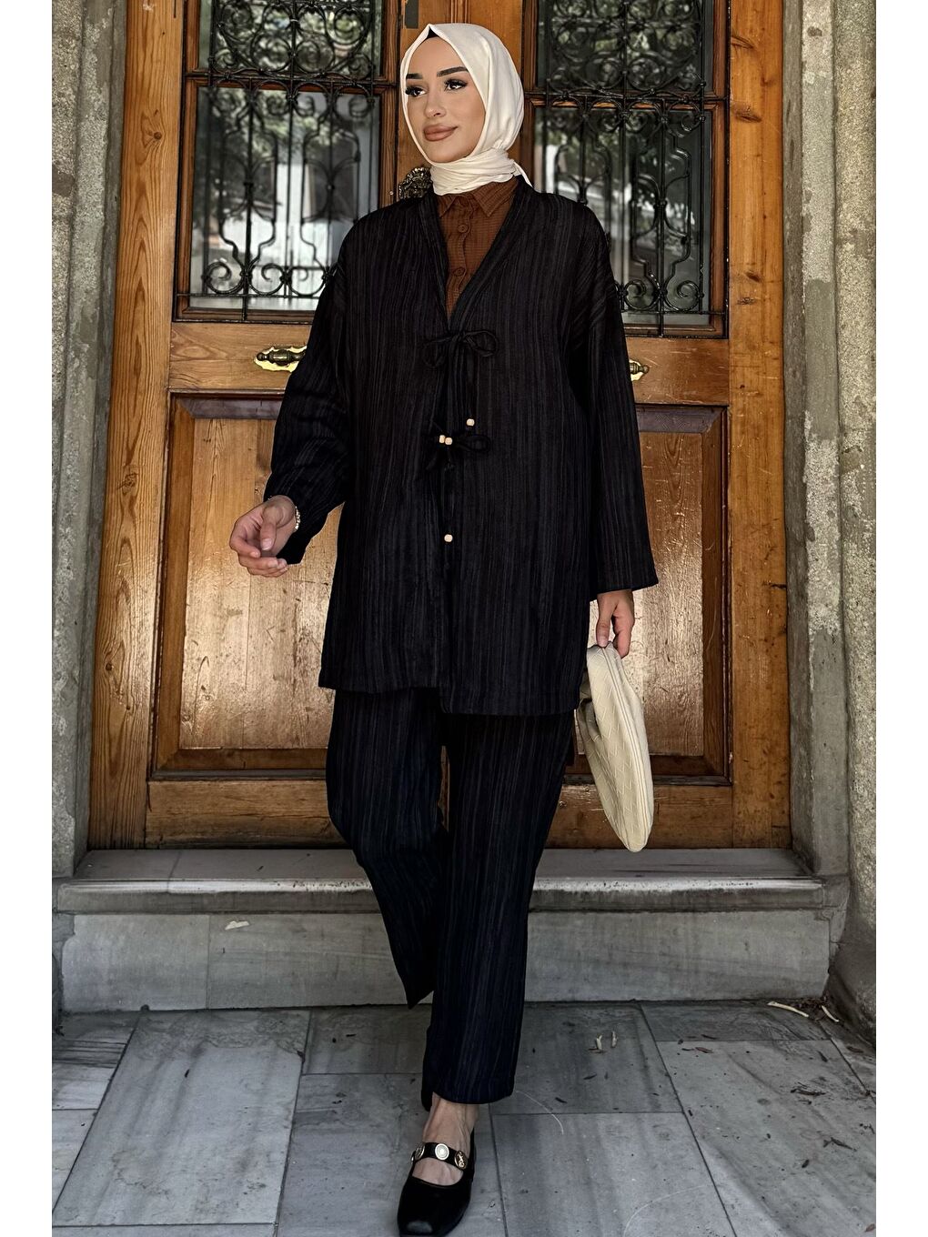 Siyah Ön Bağlamalı Ceket Pantolon Tesettür İkili Takım-3