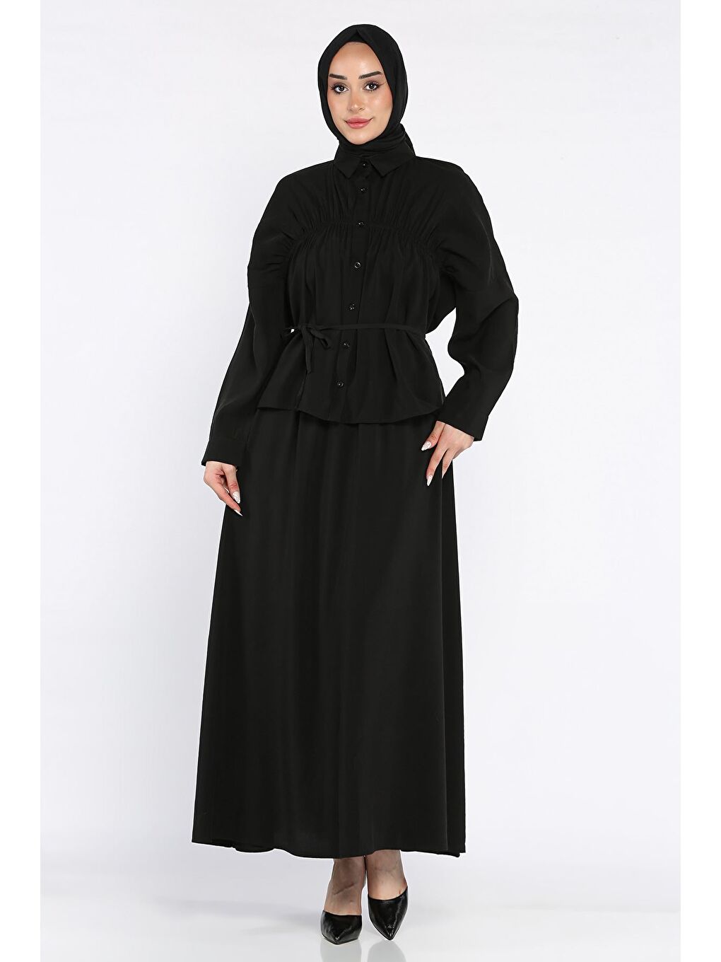 Siyah Kadın Büzgü Detaylı Bel Bağlamalı Tunik Etek İkili Takım