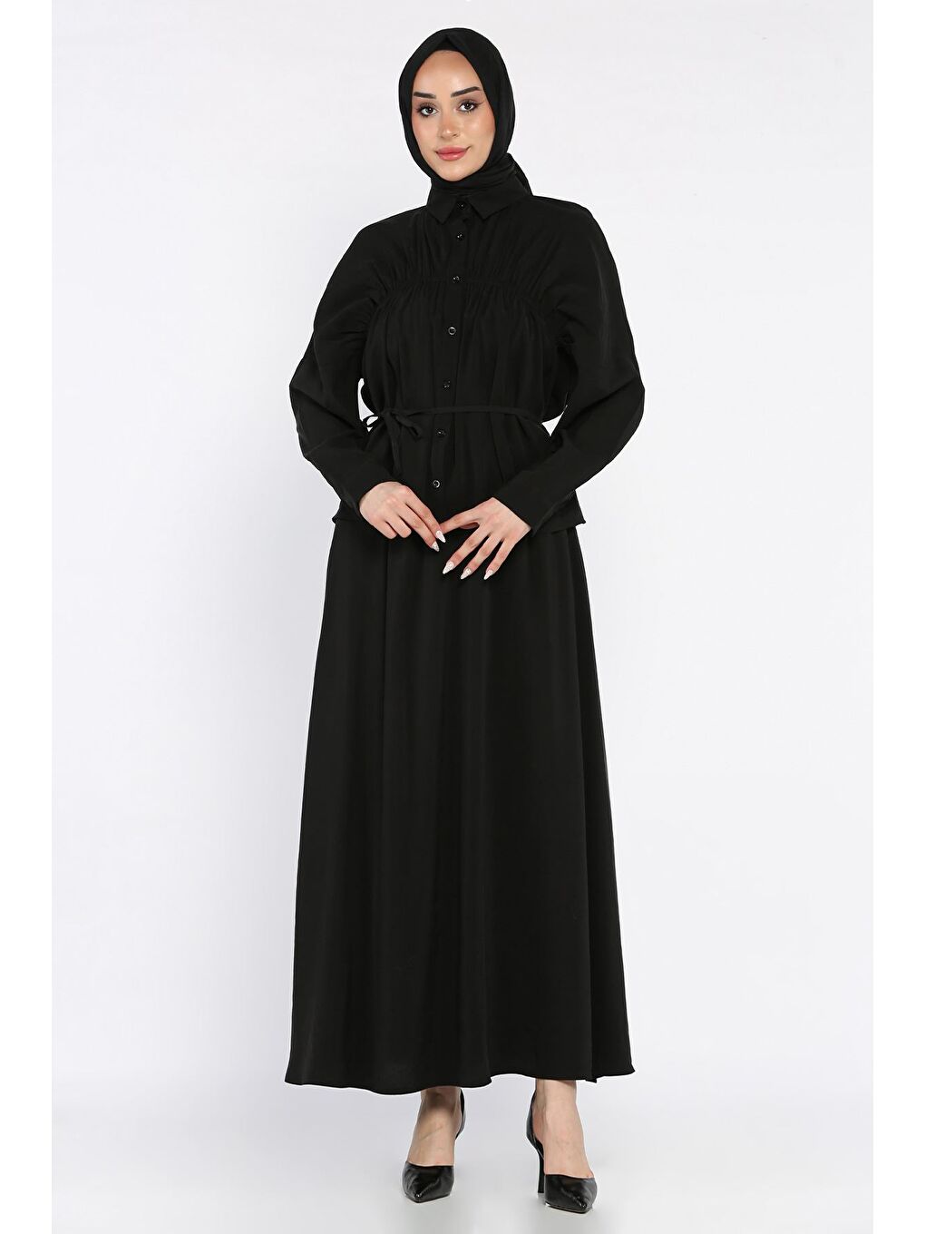 Siyah Kadın Büzgü Detaylı Bel Bağlamalı Tunik Etek İkili Takım-3
