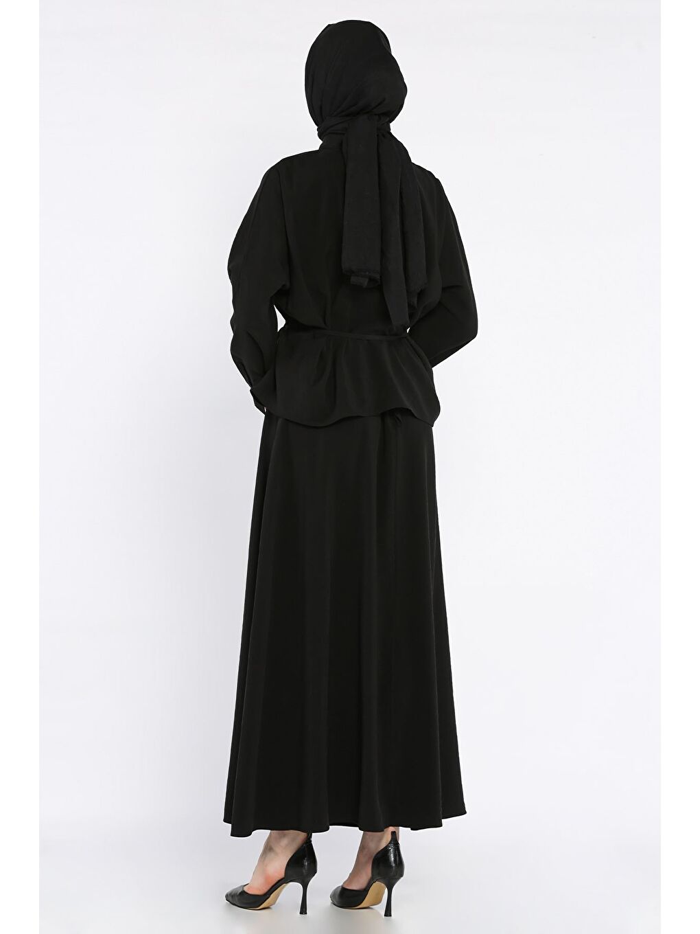 Siyah Kadın Büzgü Detaylı Bel Bağlamalı Tunik Etek İkili Takım-5