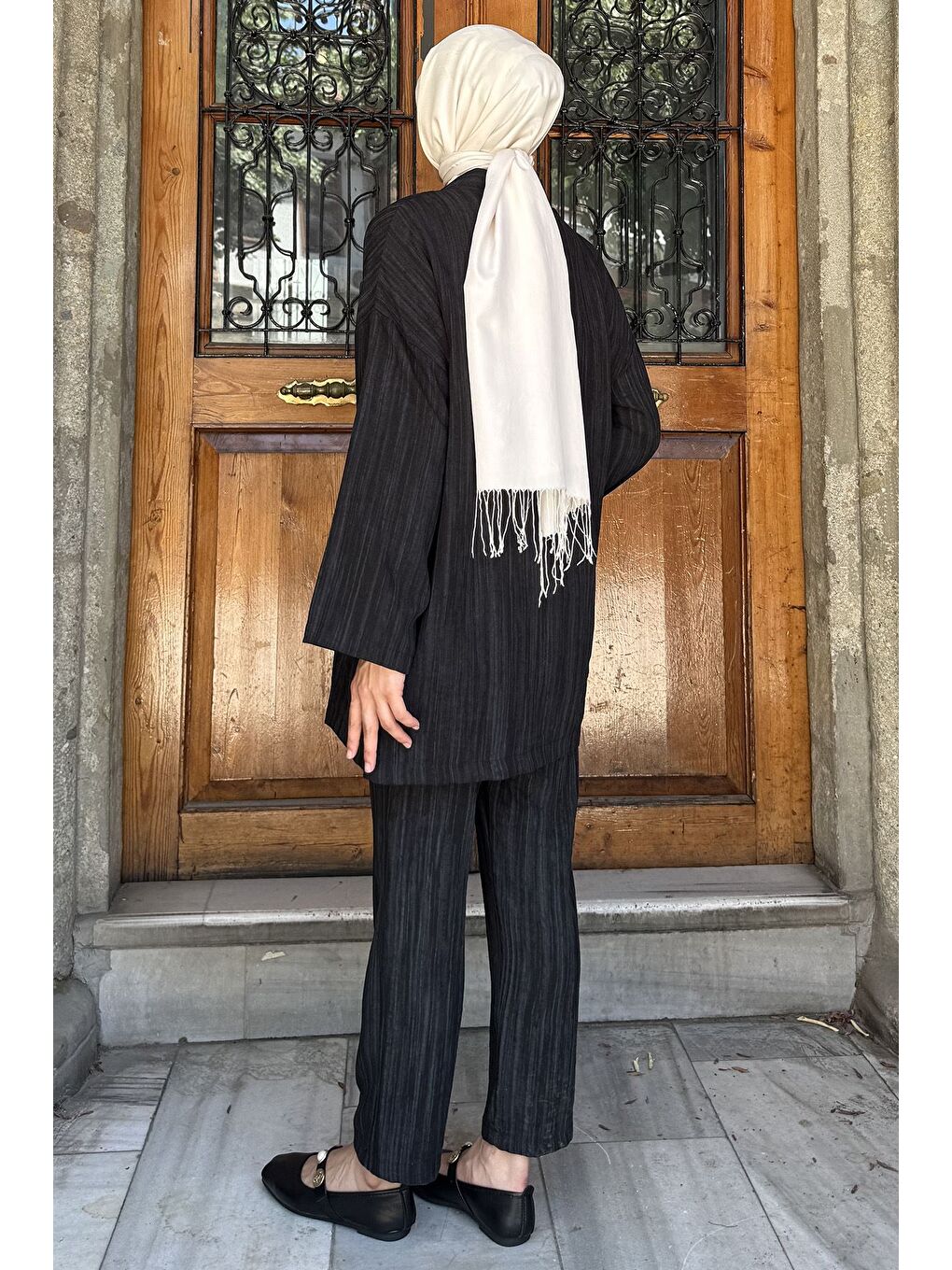 Siyah Ön Bağlamalı Ceket Pantolon Tesettür İkili Takım-7