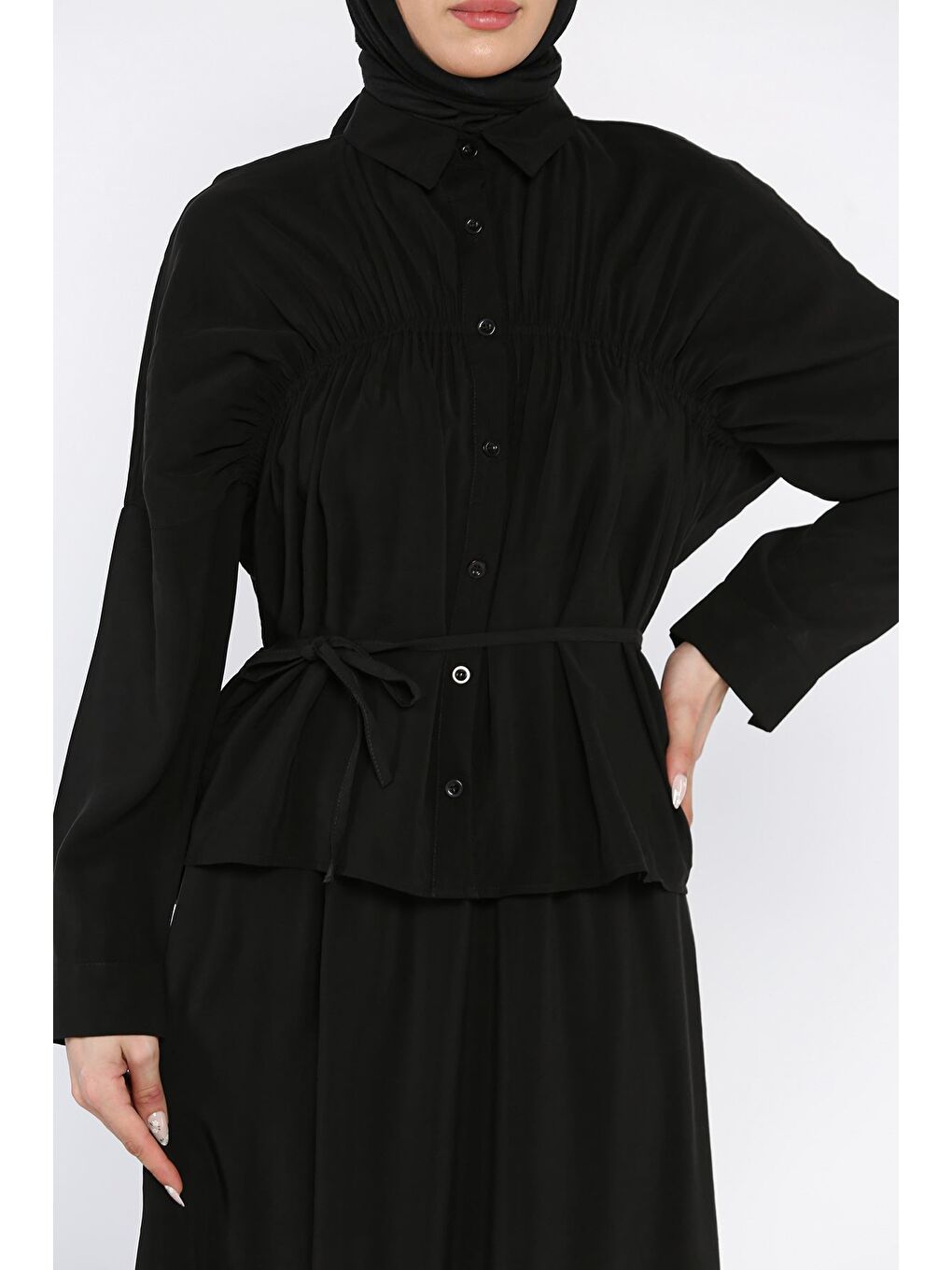 Siyah Kadın Büzgü Detaylı Bel Bağlamalı Tunik Etek İkili Takım-7