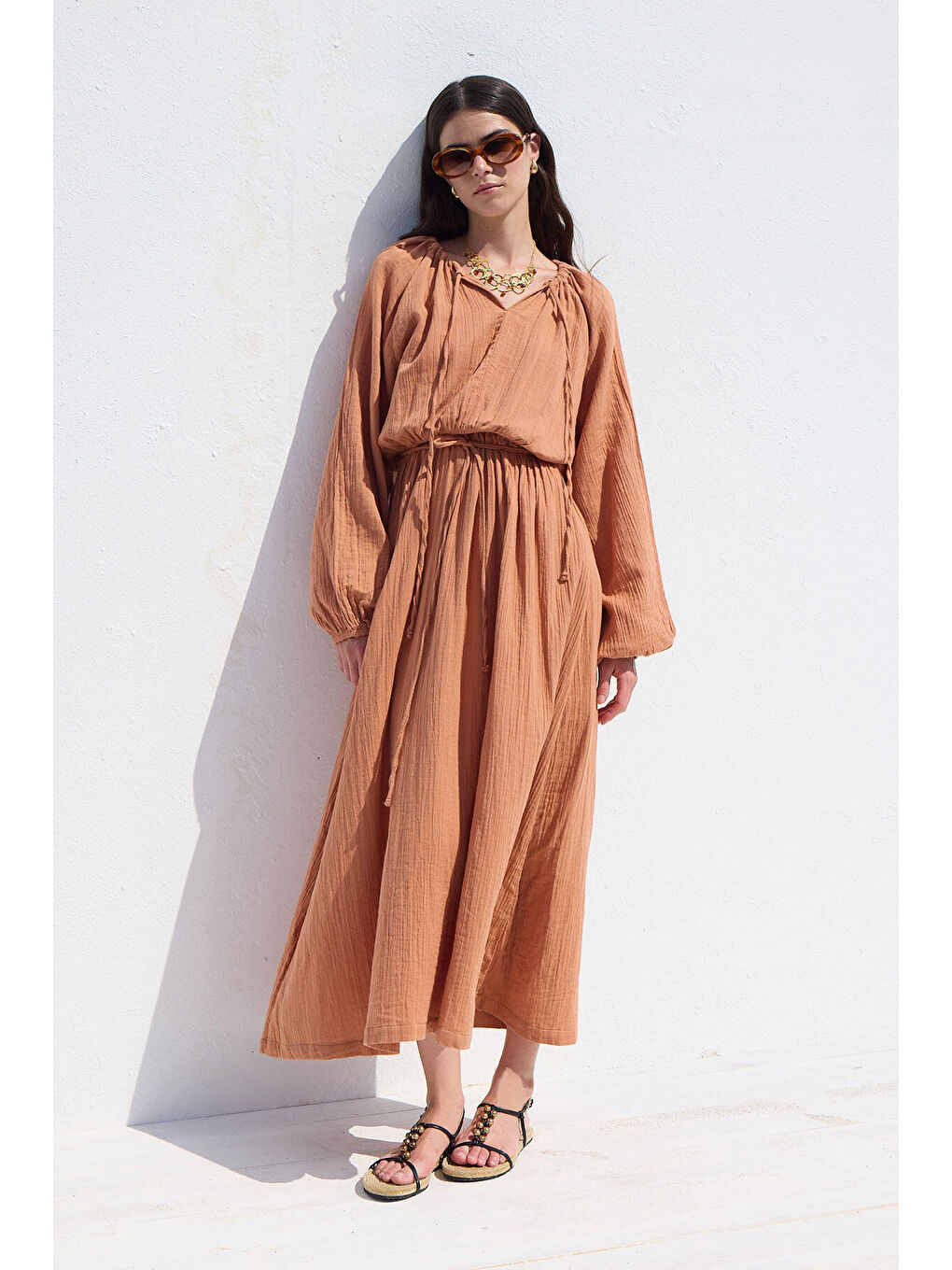 Bağlama Detaylı Muslin Elbise Turuncu