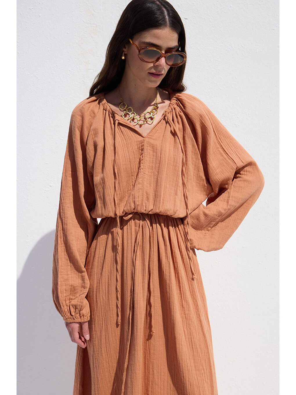 Bağlama Detaylı Muslin Elbise Turuncu-1