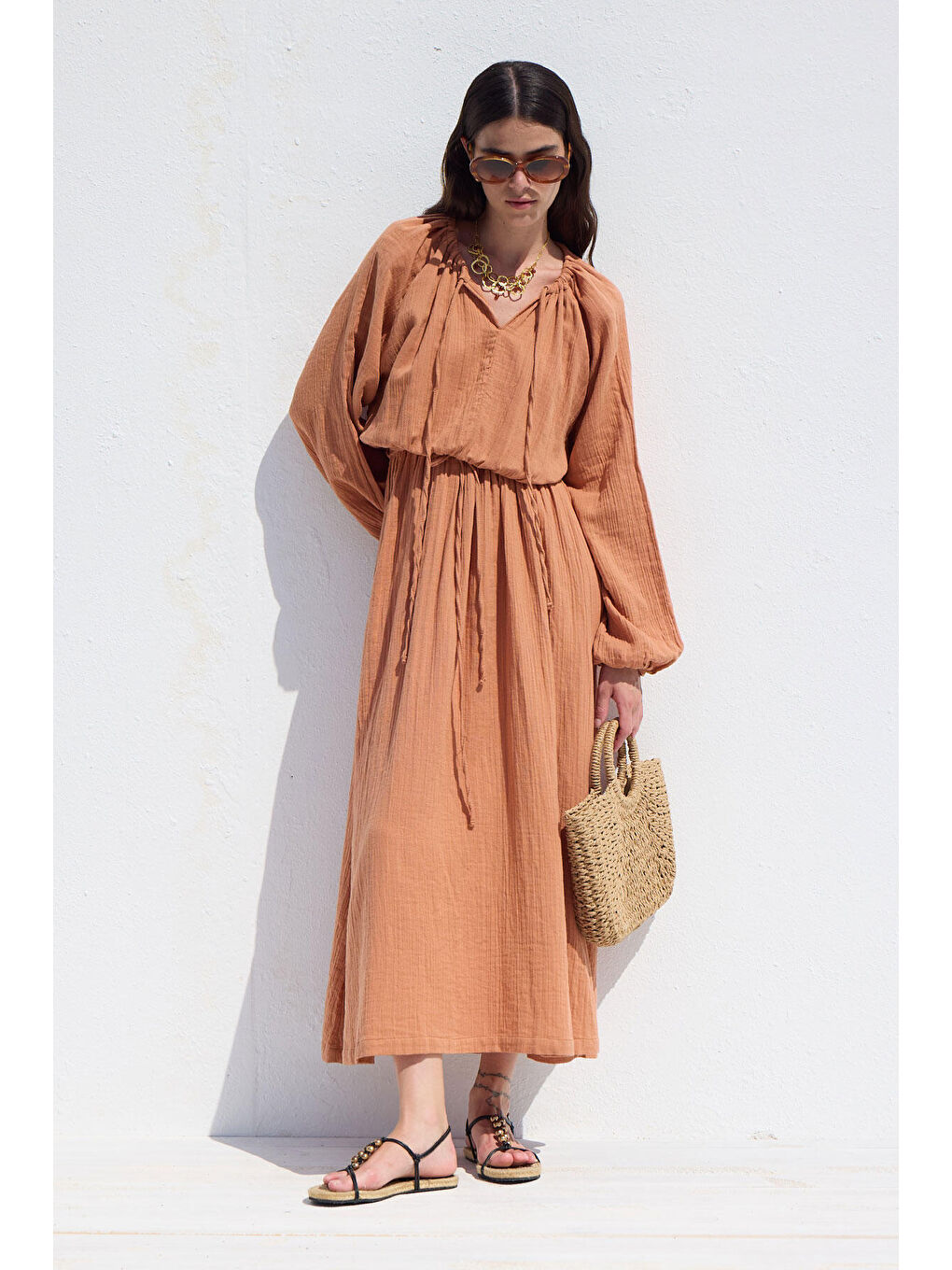 Bağlama Detaylı Muslin Elbise Turuncu-2