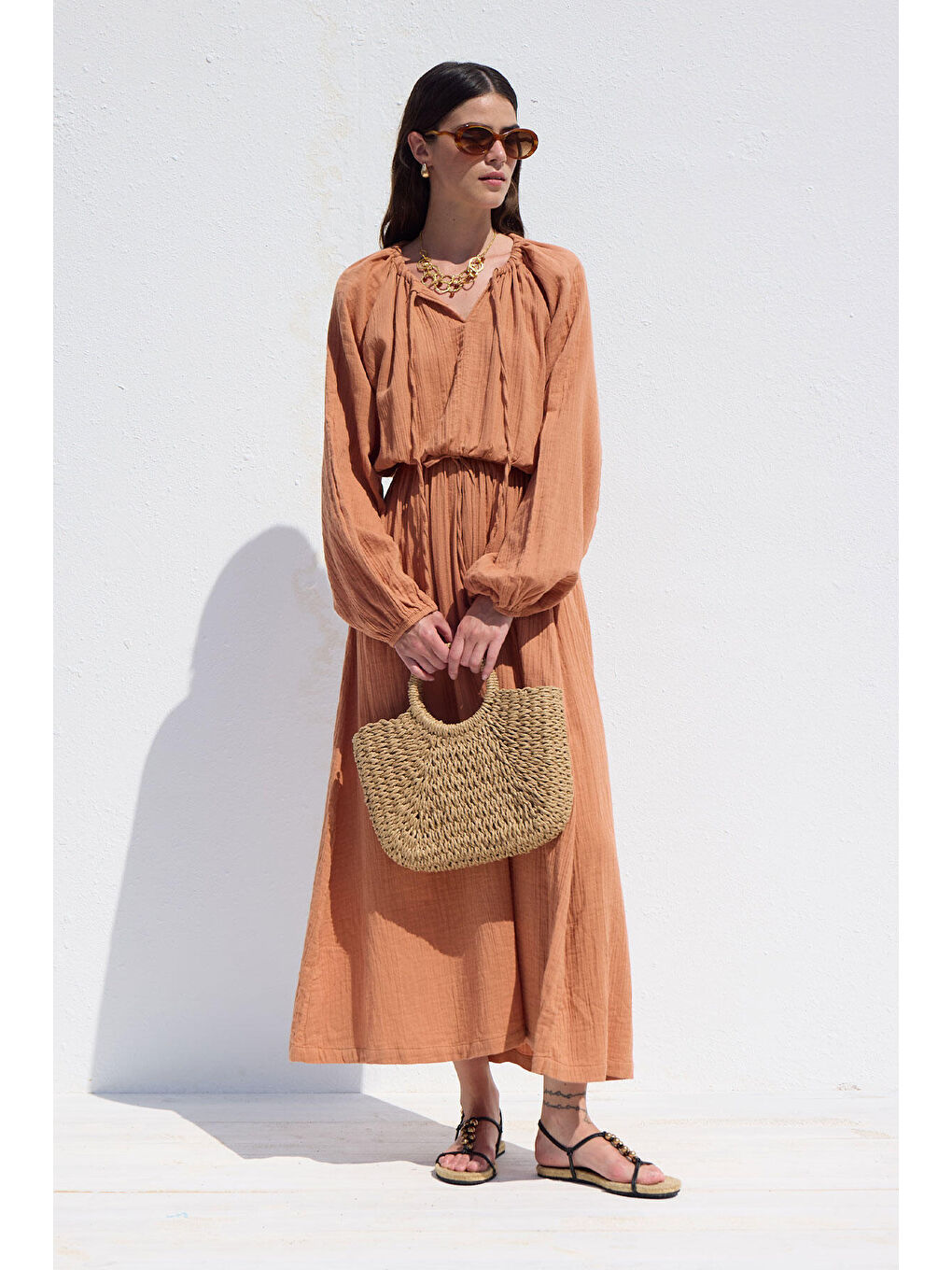 Bağlama Detaylı Muslin Elbise Turuncu-3