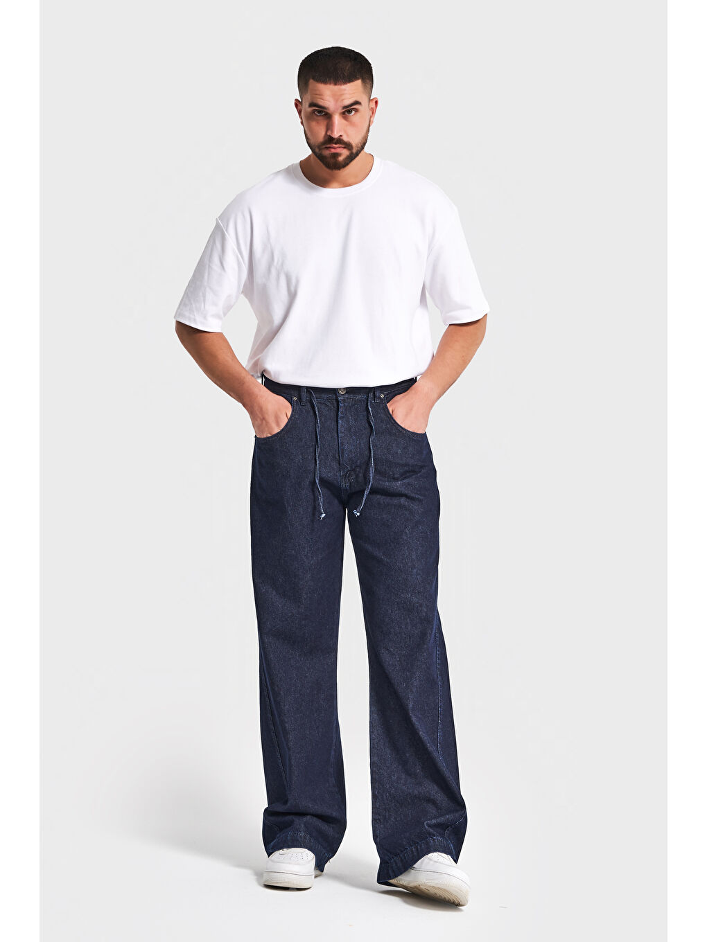 Erkek İndigo Renk NC17 7w5-50 Relaxed Baggy Fit Kemeri Bağcıklı İç Boy 79cm %100 Pamuk Denim Jean-1