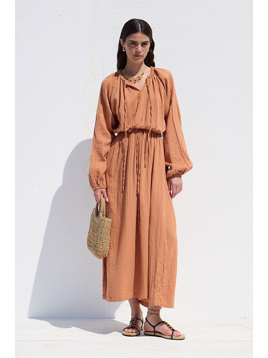 Bağlama Detaylı Muslin Elbise Turuncu-4