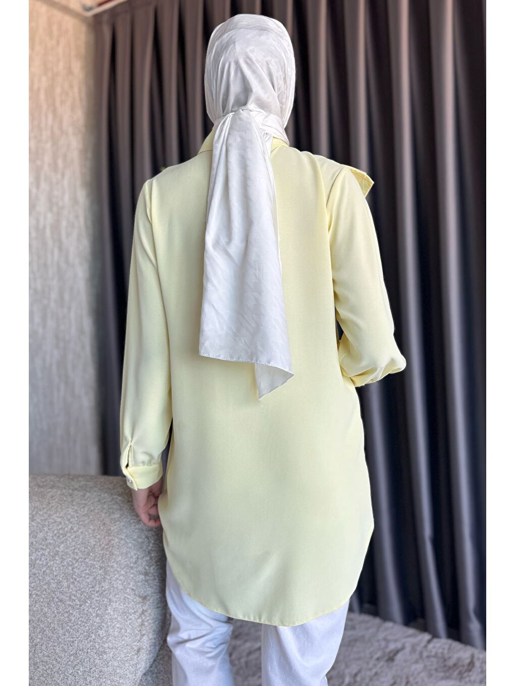 Sarı Fırfırlı Taş İşlemeli Tesettür Gömlek-7