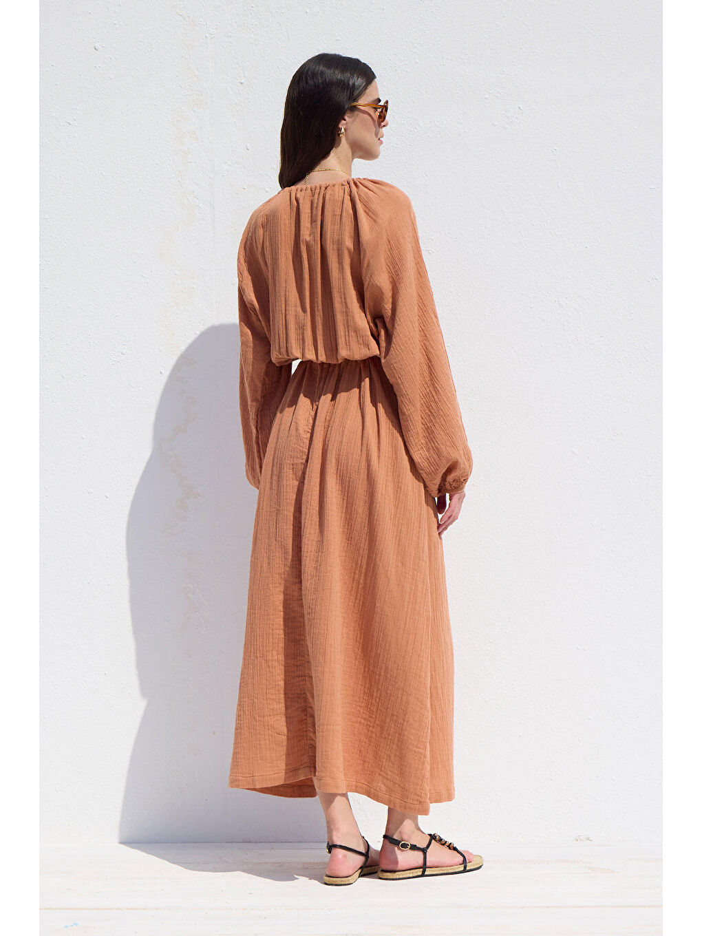 Bağlama Detaylı Muslin Elbise Turuncu-5