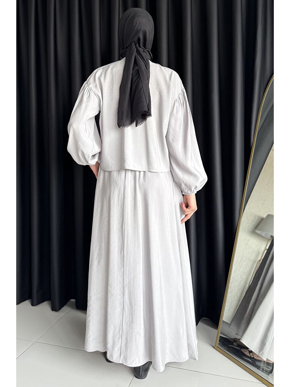 Gri Boncuk İşlemeli Gömlek Etek Tesettür İkili Takım-7