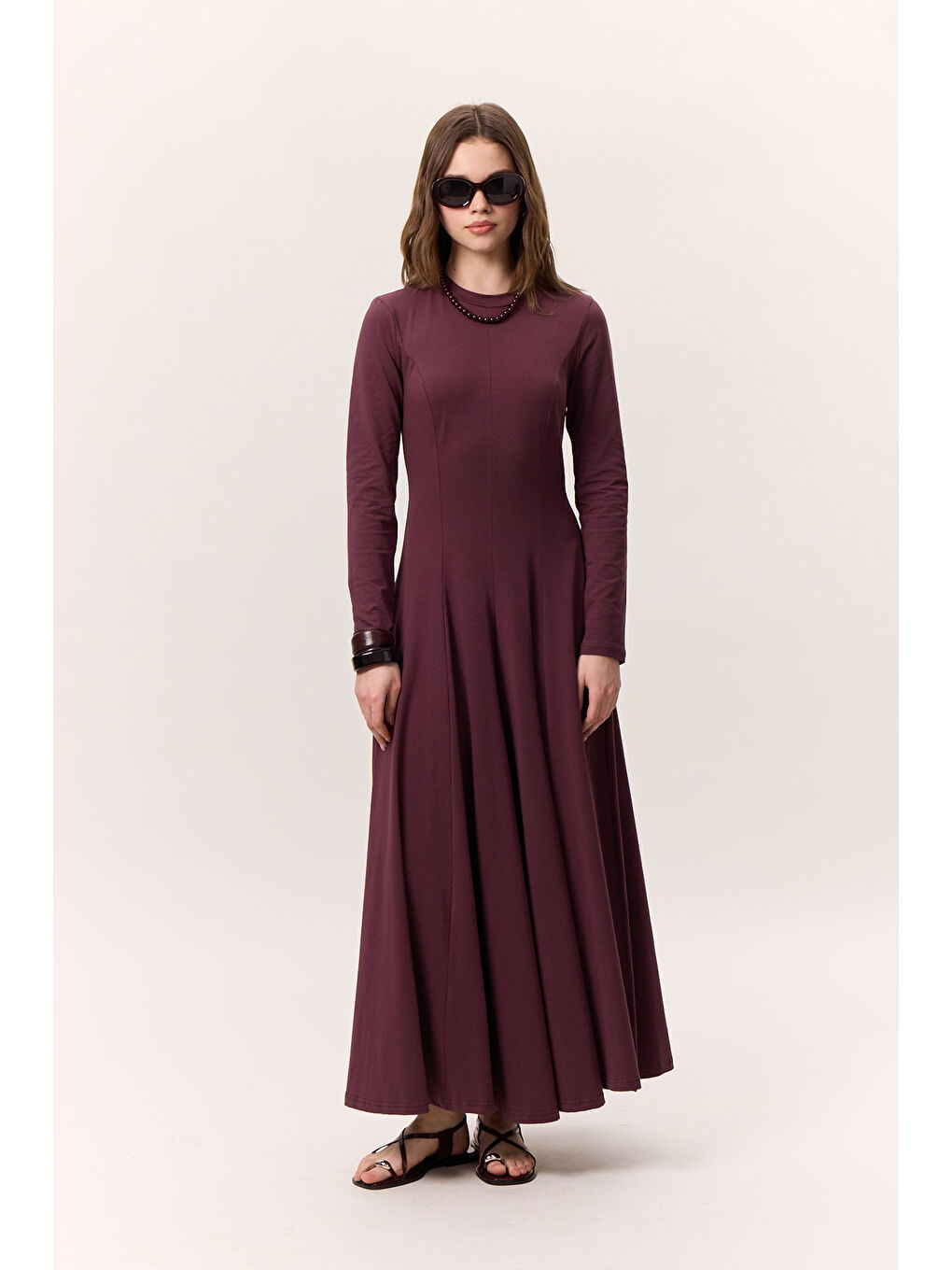 Kuplu Uzun Kollu Elbise Bordo-1