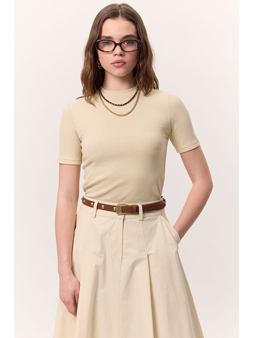 Kısa Kollu Rıbana Body Bej-2