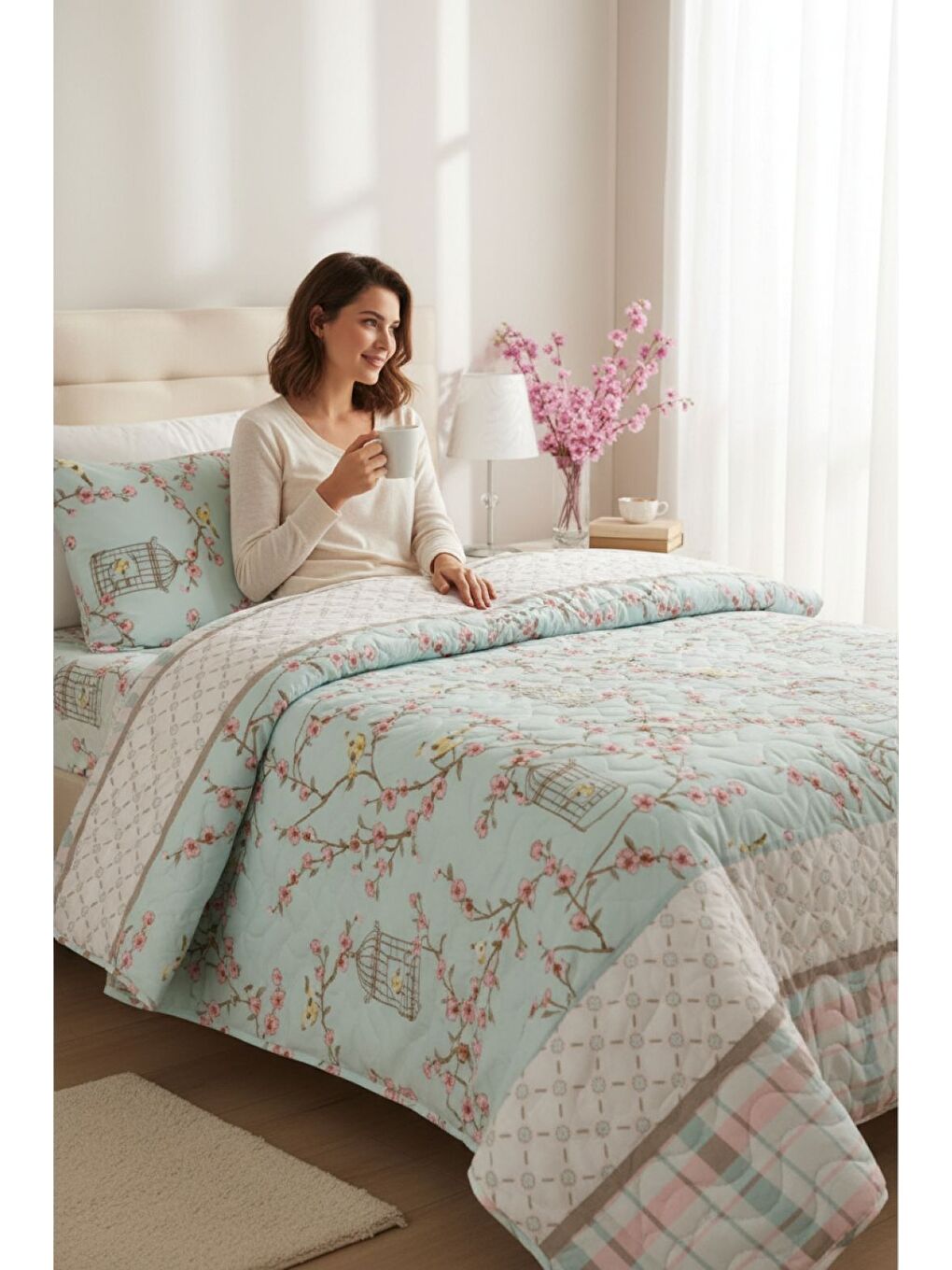 Kahverengi Tek Kişilik Kapitone Yatak Örtüsü Seti Turkuaz Yumuşak  Dayanıklı ve Tasarım-1