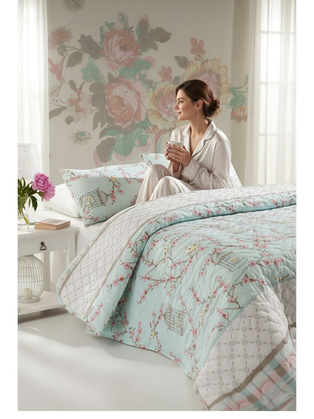 Kahverengi Tek Kişilik Kapitone Yatak Örtüsü Seti Turkuaz Yumuşak  Dayanıklı ve Tasarım-2