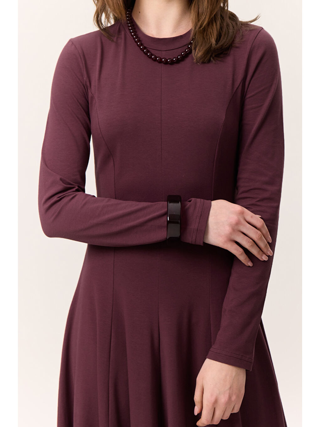 Kuplu Uzun Kollu Elbise Bordo-6
