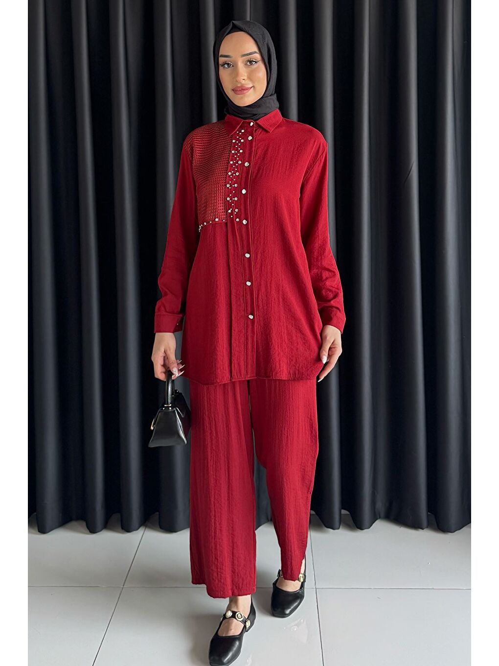 Bordo Dantelli Taşlı Tesettür Tunik Pantolon İkili Takım-1