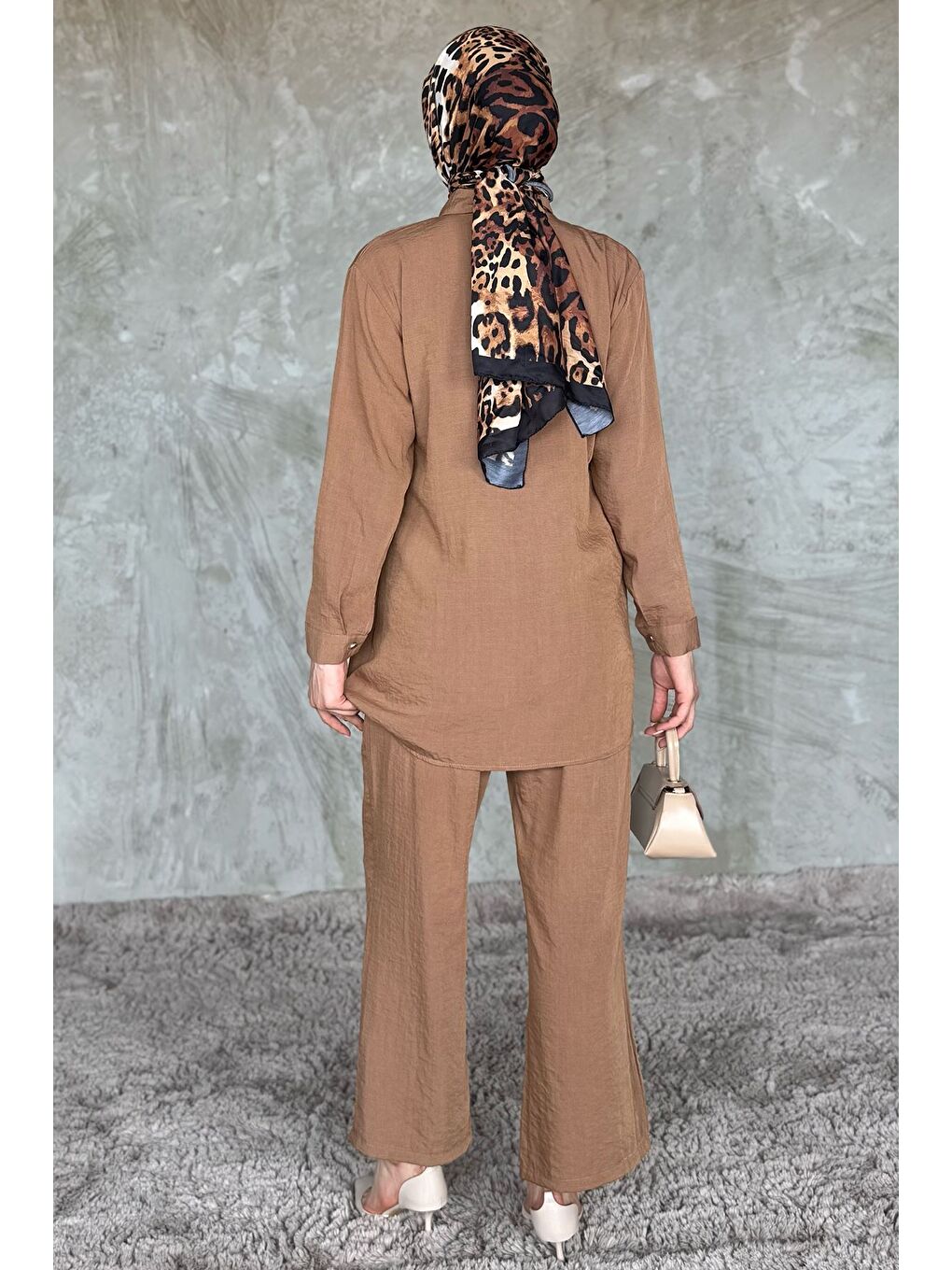 Bej Dantelli Taşlı Tesettür Tunik Pantolon İkili Takım-7