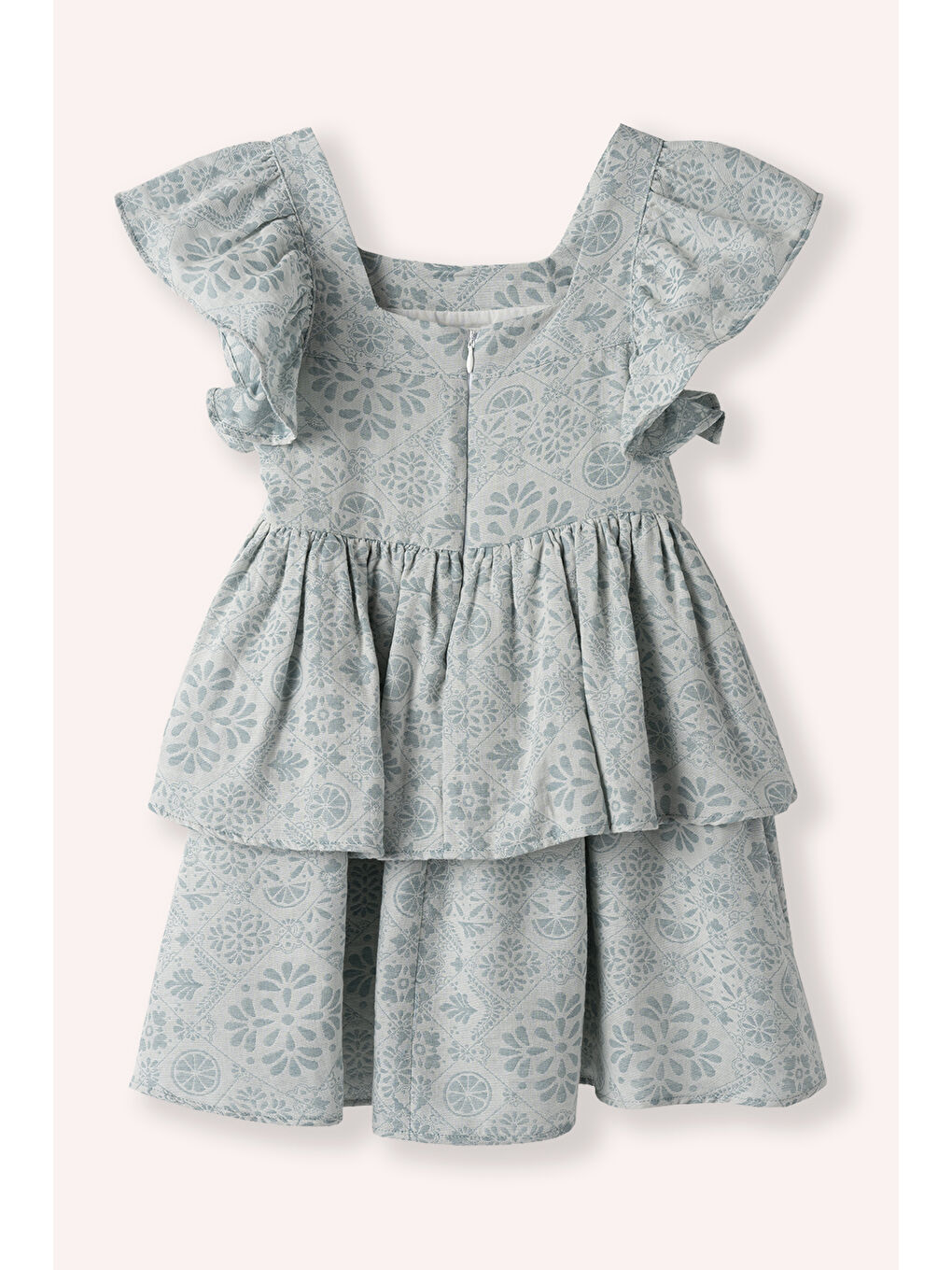 Kız Çocuk Desenli Kolu Fırfırlı Yeşil Elbise-2