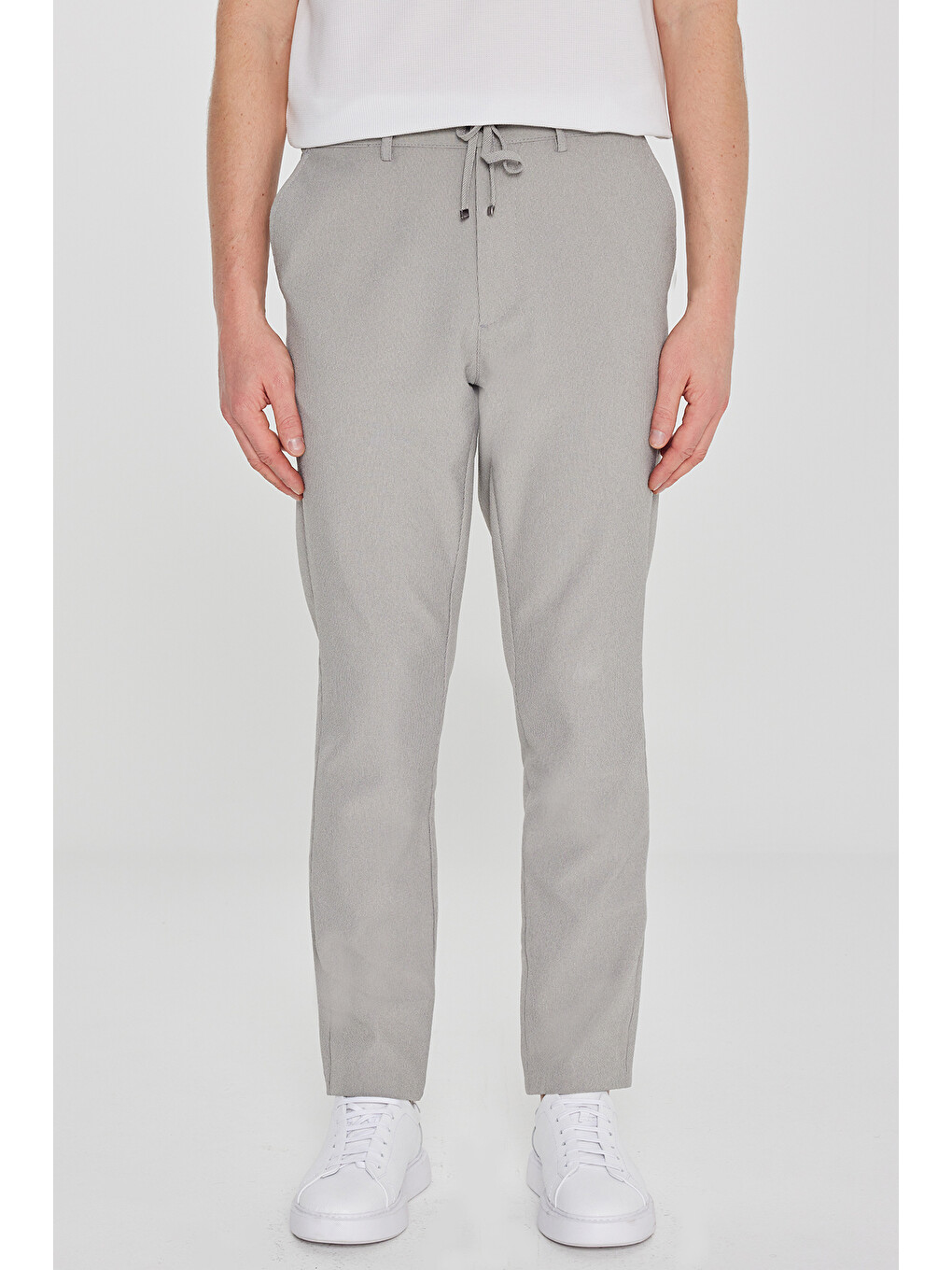Erkek Açık Yeşil Slim Fit Beli Bağlamalı Gofre Desenli Yan Cepli Casual Pantolon-1