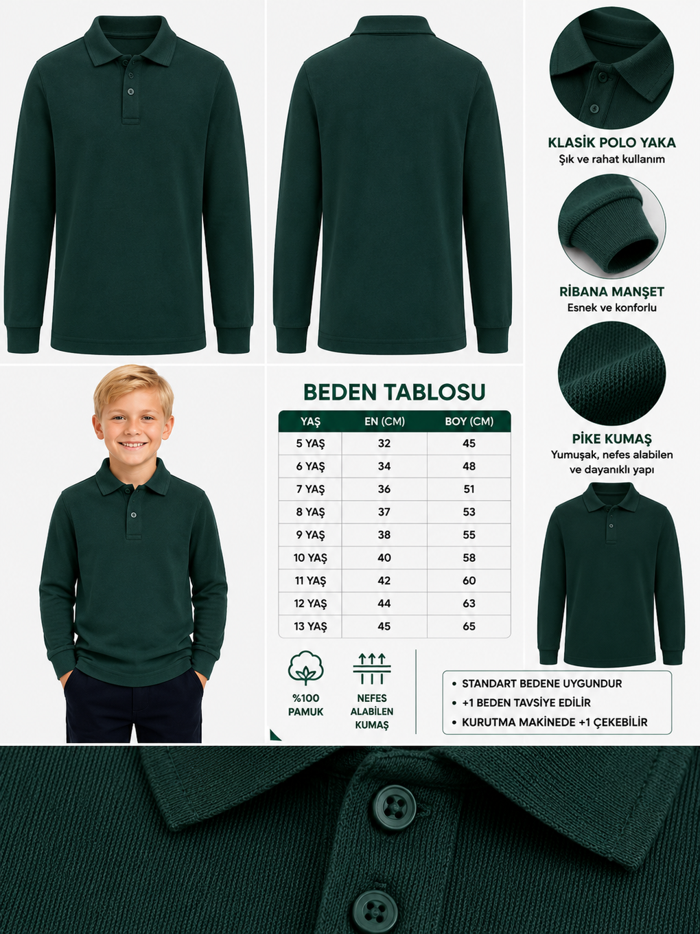Haki Kids Polo Yaka Basic Uzun Kollu Unisex Erkek Çocuk Tişört-1