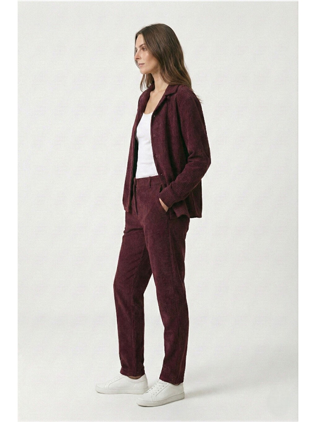 Bordo Kadın Premium Fitilli Kumaş Gömlek Pantolon Takımı-2