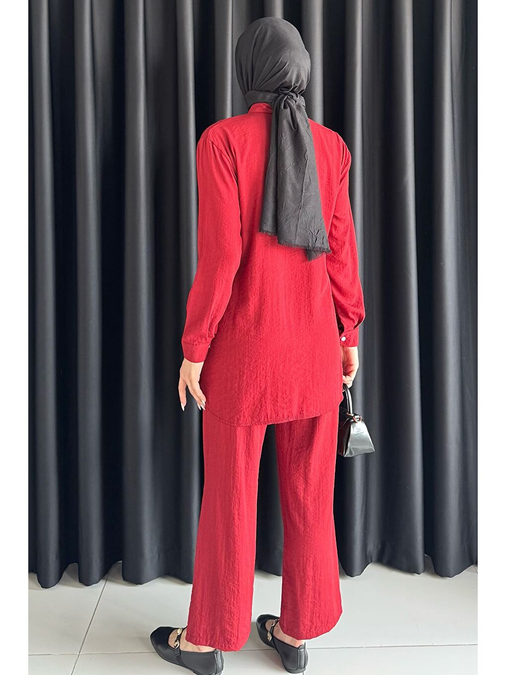 Bordo Dantelli Taşlı Tesettür Tunik Pantolon İkili Takım-7