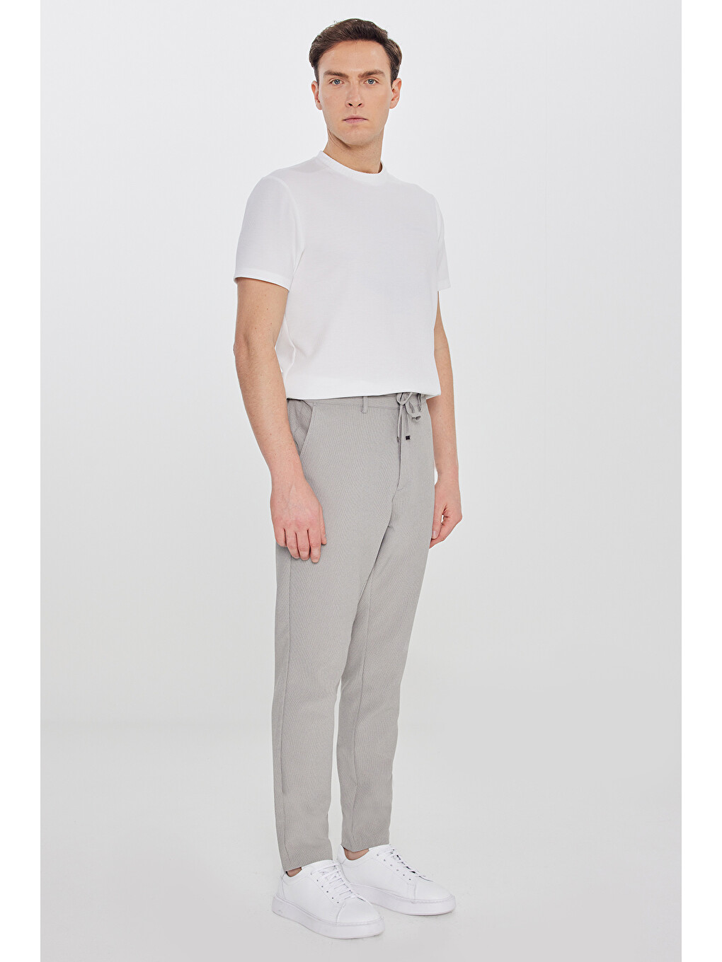 Erkek Açık Yeşil Slim Fit Beli Bağlamalı Gofre Desenli Yan Cepli Casual Pantolon-2
