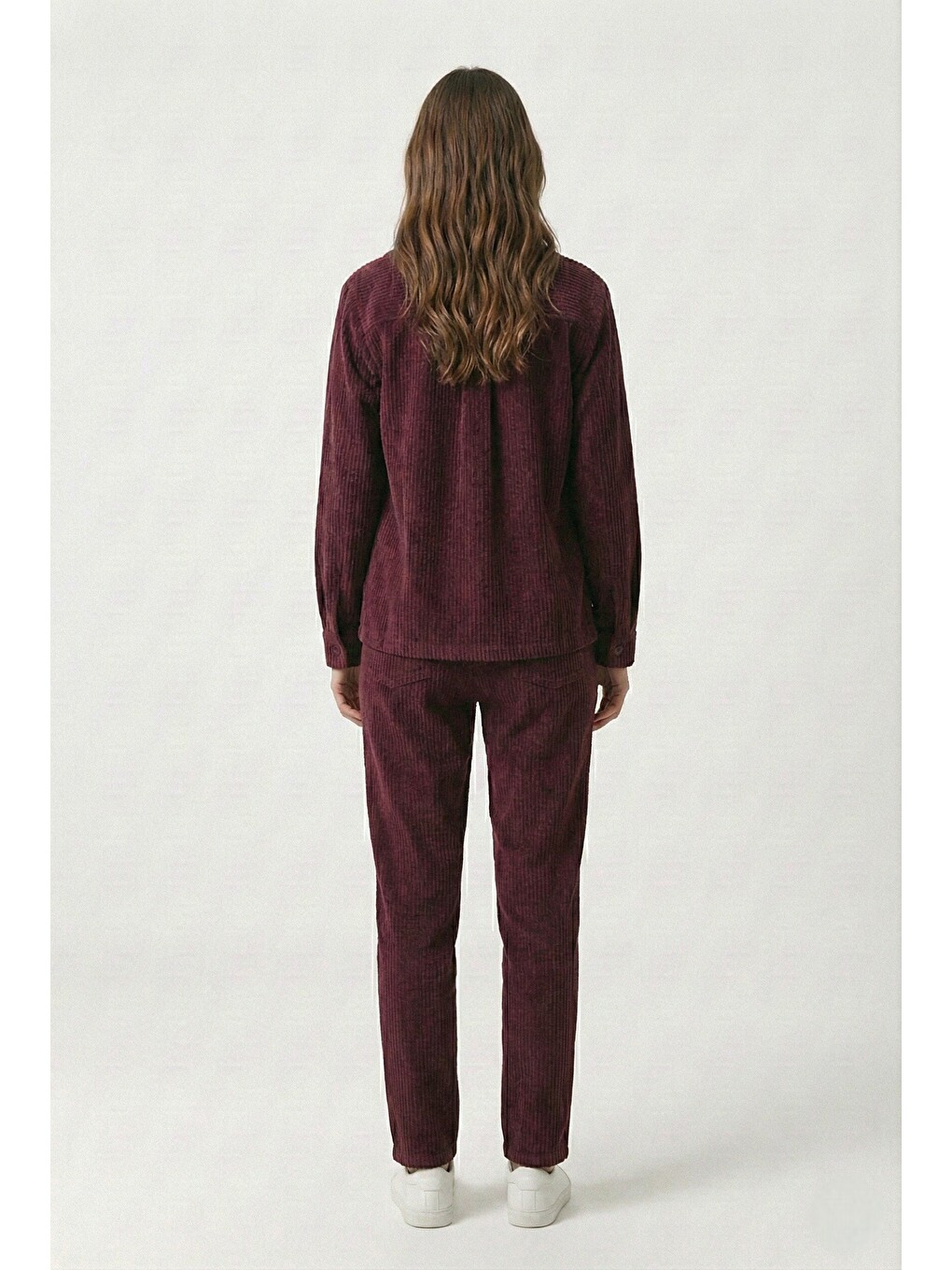 Bordo Kadın Premium Fitilli Kumaş Gömlek Pantolon Takımı-3