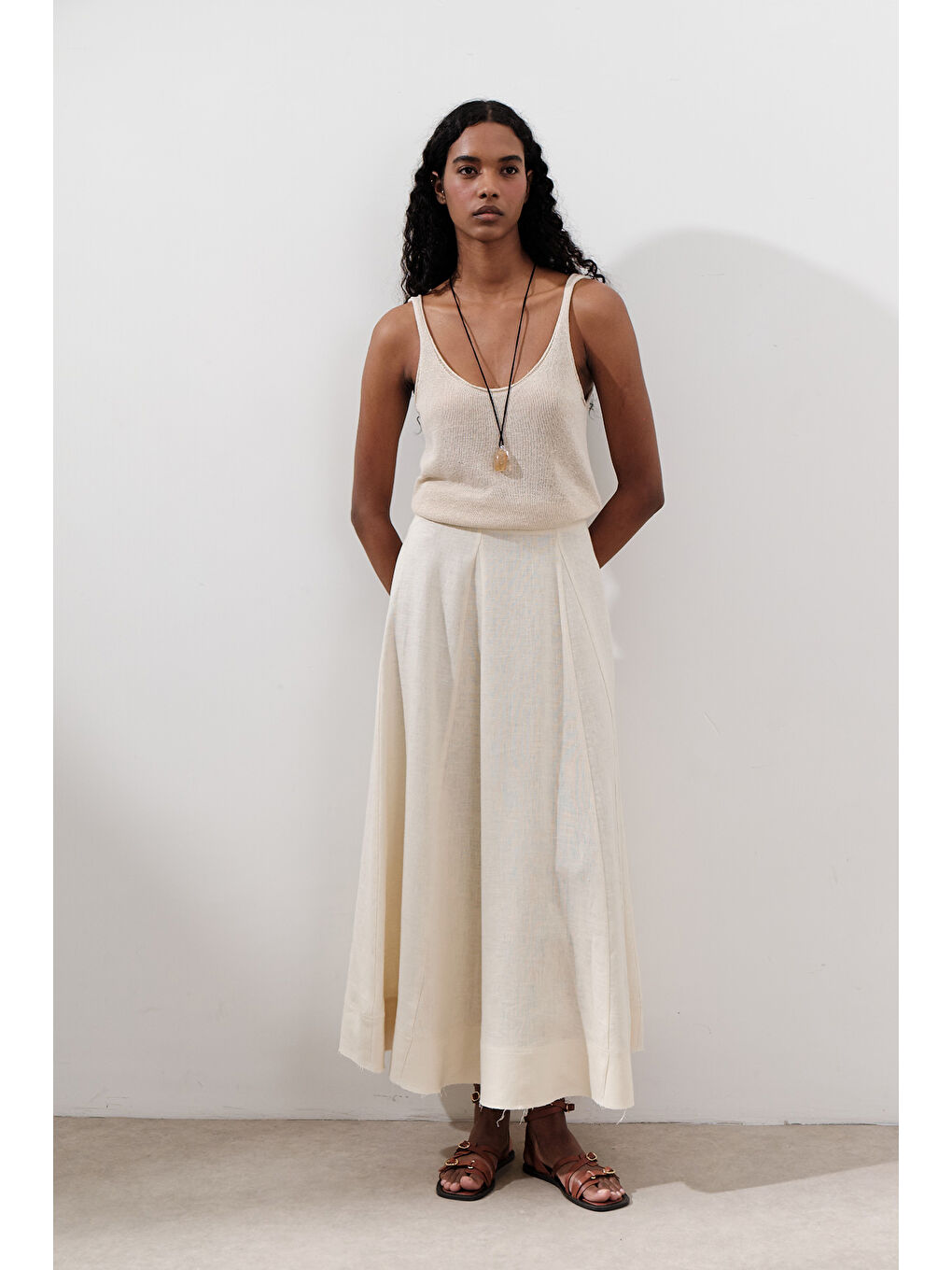 Bej Keten Geniş Parçalı Etek Vanilya-2