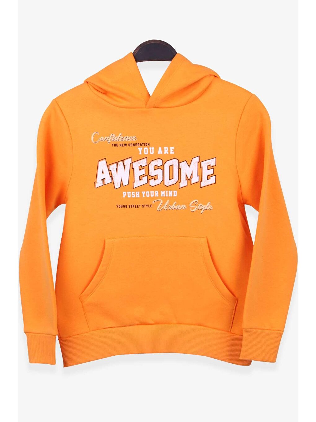 Erkek Çocuk Sweatshirt Baskılı Kanguru Cepli Hardal Sarı (8-14 Yaş)