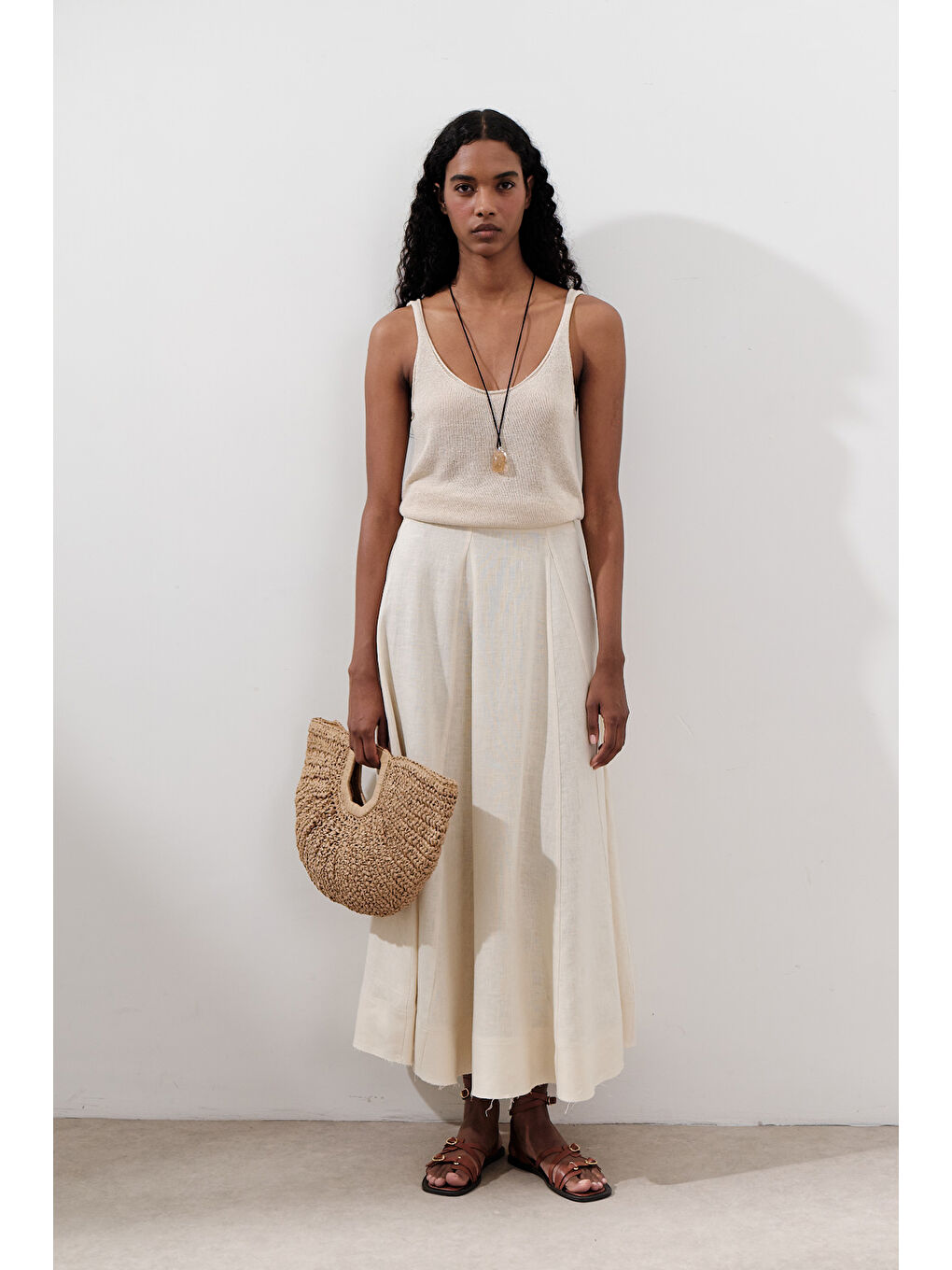 Bej Keten Geniş Parçalı Etek Vanilya-3