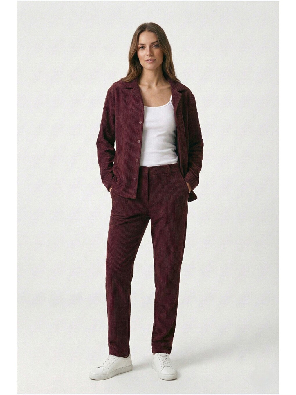 Bordo Kadın Premium Fitilli Kumaş Gömlek Pantolon Takımı-5