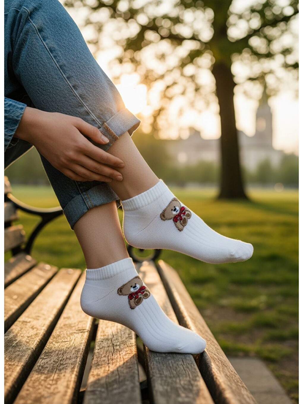 Kadın 12’li Premium Ayıcıklı Sneakers Çorap – Taş İşlemeli – Karışık Asorti (12 Çift)-2