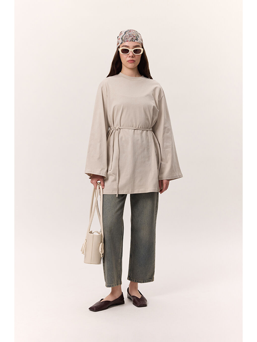 Bej Bağlama Detaylı Oversıze Tshırt Taş-1