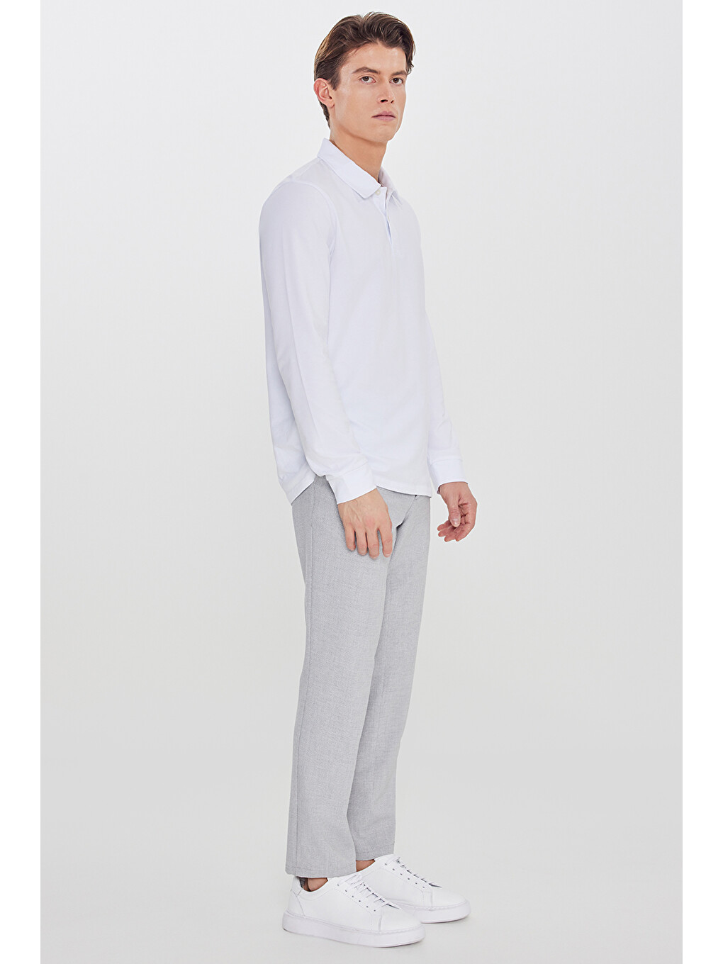 Erkek Gri Slim Fit Beli Bağlamalı Yan Cep Armürlü Casual Pantolon