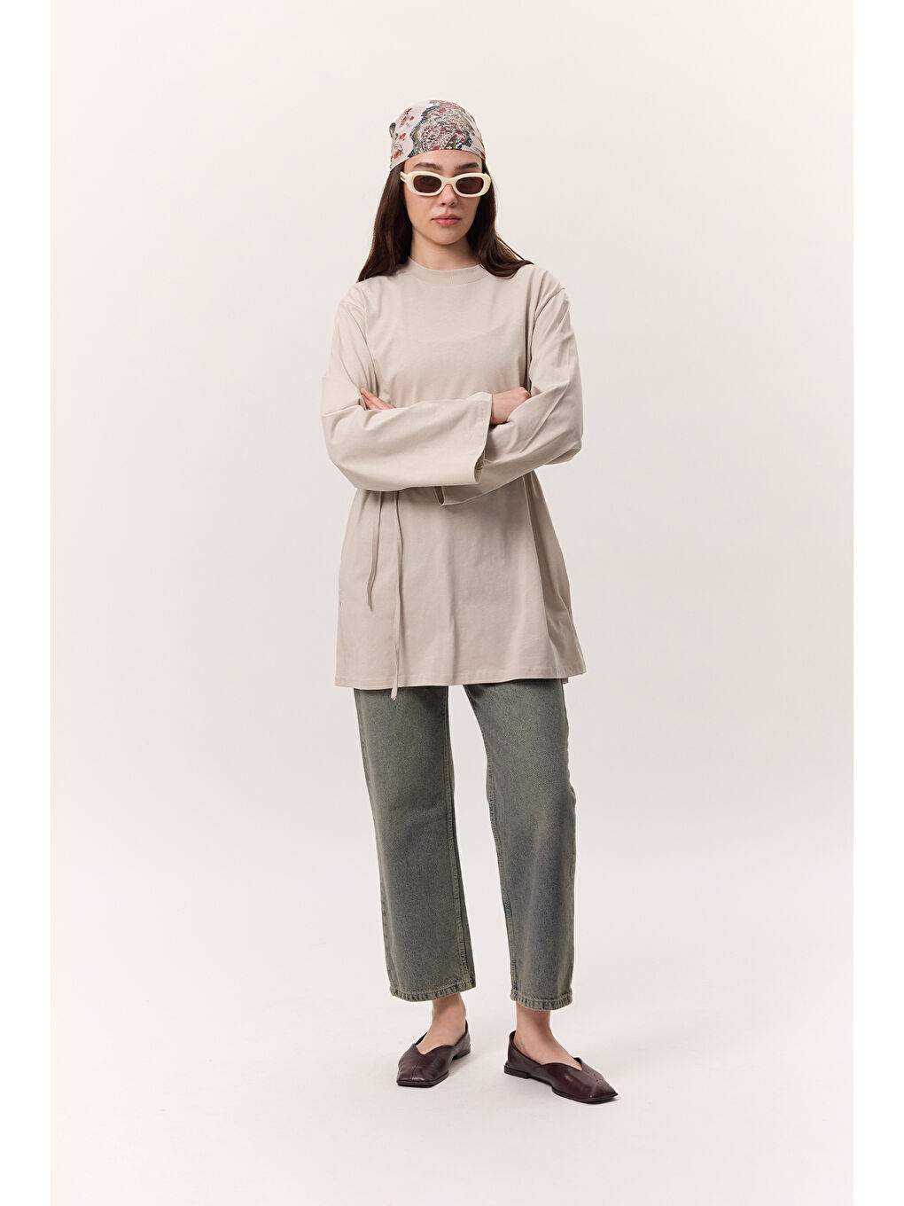 Bej Bağlama Detaylı Oversıze Tshırt Taş-4