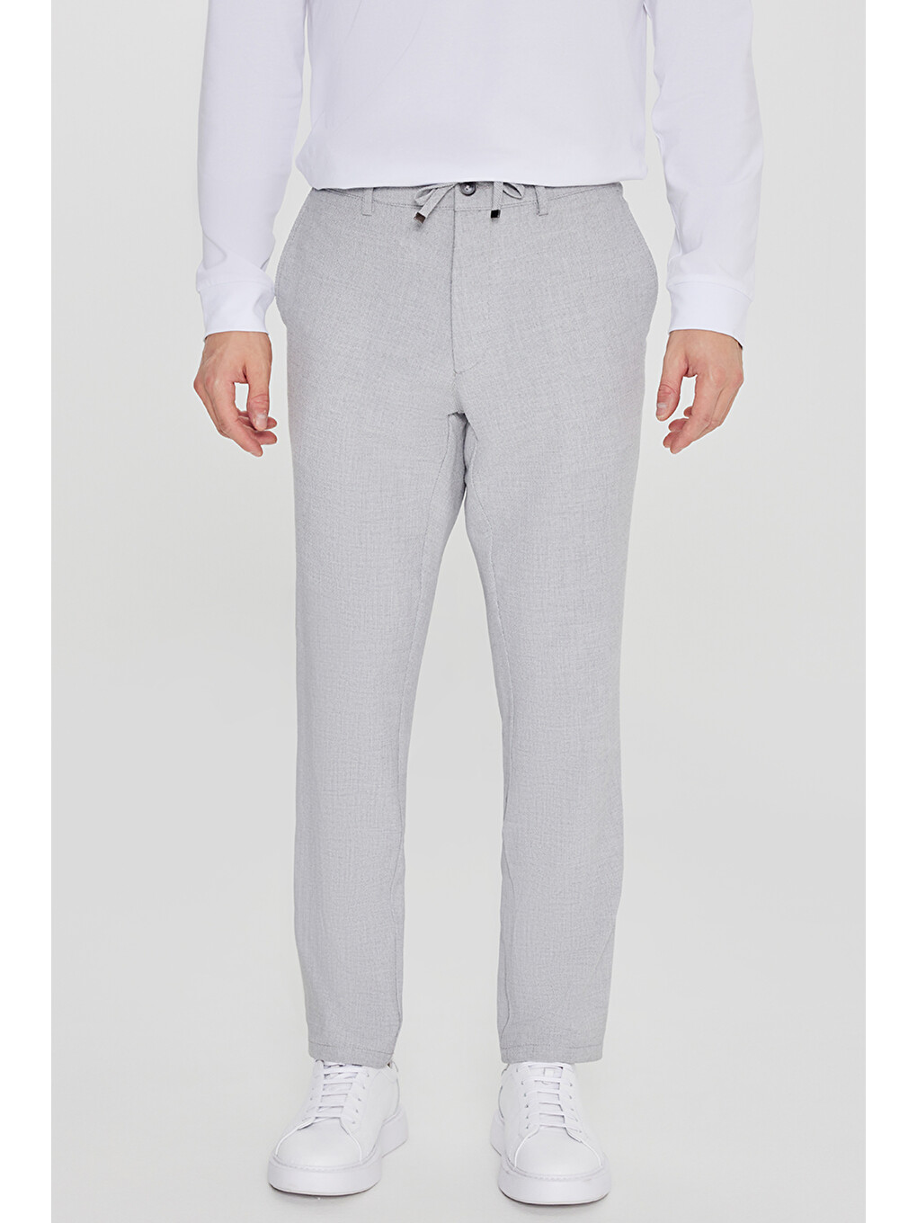 Erkek Gri Slim Fit Beli Bağlamalı Yan Cep Armürlü Casual Pantolon-1