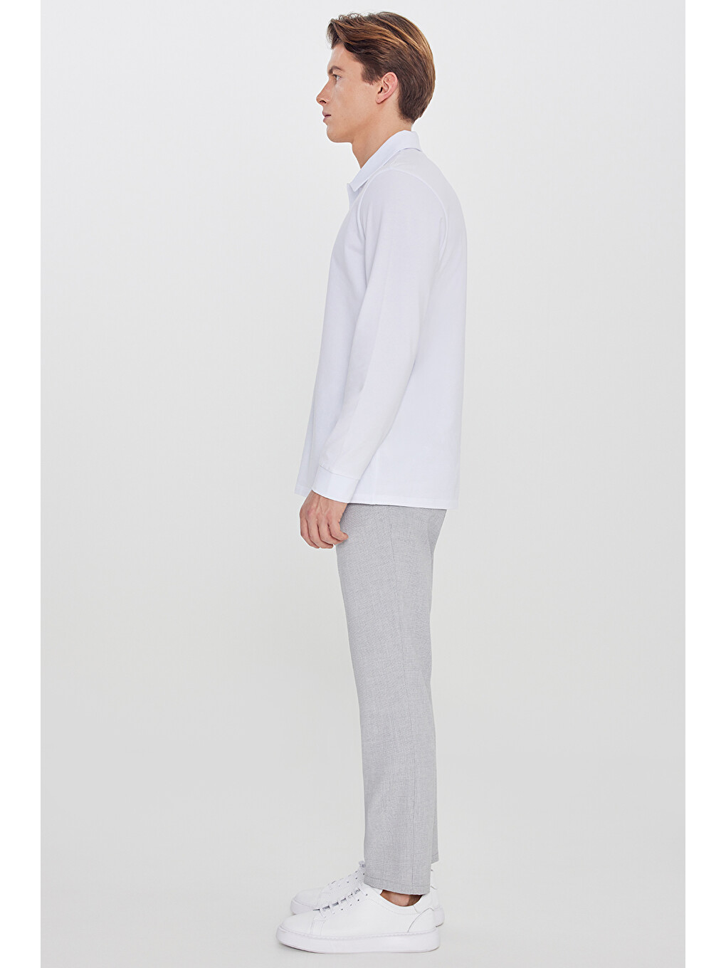 Erkek Gri Slim Fit Beli Bağlamalı Yan Cep Armürlü Casual Pantolon-2